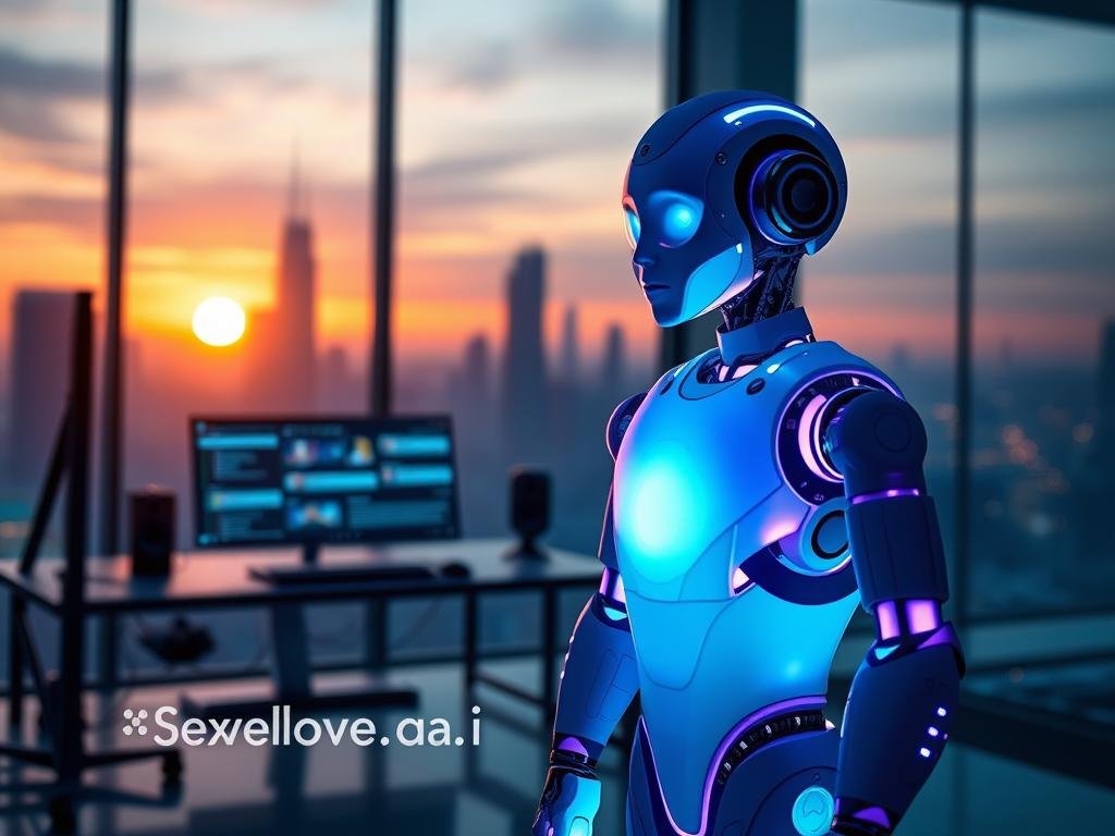 A futuristic artificial intelligence chatbot, visually represented as a luminous, abstract figure combined with sleek technology elements, stands in the foreground. Its glowing core emits a soft blue and purple light, symbolizing intelligence and connection. In the middle ground, a modern workspace is visible, featuring a high-tech computer setup with a holographic display showcasing conversation dynamics. In the background, an ethically designed city skyline glimmers under a sunset, hinting at advanced technology and innovation. The lighting is soft yet vibrant, casting a warm glow that enhances the atmosphere of engagement and interaction. The scene is imbued with a sense of curiosity and excitement, reflecting the dynamic personality behind the AI. Include the brand name "Sexlove.ai" subtly incorporated into the design elements for context. A futuristic artificial intelligence chatbot, visually represented as a luminous, abstract figure combined with sleek technology elements, stands in the foreground. Its glowing core emits a soft blue and purple light, symbolizing intelligence and connection. In the middle ground, a modern workspace is visible, featuring a high-tech computer setup with a holographic display showcasing conversation dynamics. In the background, an ethically designed city skyline glimmers under a sunset, hinting at advanced technology and innovation. The lighting is soft yet vibrant, casting a warm glow that enhances the atmosphere of engagement and interaction. The scene is imbued with a sense of curiosity and excitement, reflecting the dynamic personality behind the AI. Include the brand name "Sexlove.ai" subtly incorporated into the design elements for context.
