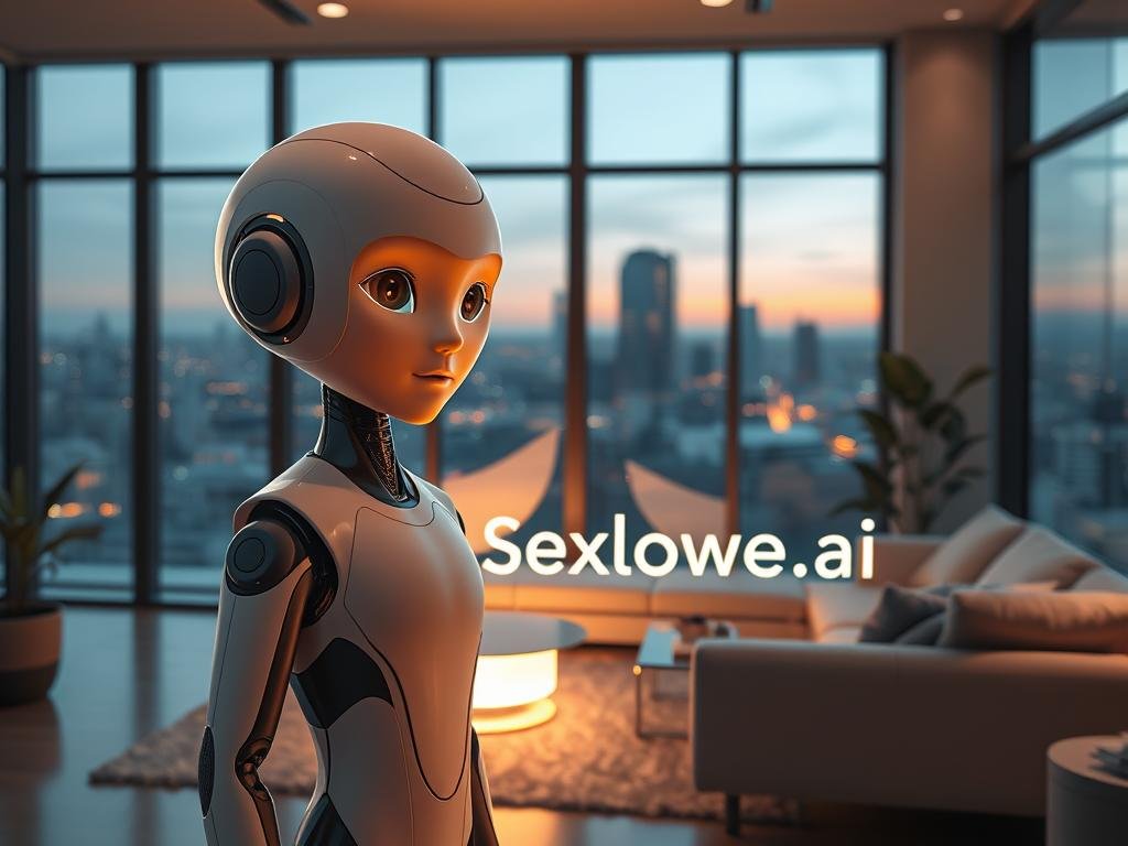 A futuristic artificial intelligence companion, designed with sleek, flowing lines and a warm, inviting aura, stands in a softly lit modern living room setting. In the foreground, the AI character features expressive, approachable facial features and is dressed in a sophisticated yet casual outfit, emphasizing a sense of warmth and companionship. The middle ground showcases a cozy, tech-savvy space with plush furniture, subtle high-tech elements, and a glowing digital display suggesting a sense of intimacy and trust. In the background, large windows reveal a tranquil cityscape at dusk, casting a gentle, ambient light. The overall mood is one of comfort and connection, highlighting themes of privacy and security in virtual relationships, with a focus on the name "Sexlove.ai" subtly integrated into the design of the setting. A futuristic artificial intelligence companion, designed with sleek, flowing lines and a warm, inviting aura, stands in a softly lit modern living room setting. In the foreground, the AI character features expressive, approachable facial features and is dressed in a sophisticated yet casual outfit, emphasizing a sense of warmth and companionship. The middle ground showcases a cozy, tech-savvy space with plush furniture, subtle high-tech elements, and a glowing digital display suggesting a sense of intimacy and trust. In the background, large windows reveal a tranquil cityscape at dusk, casting a gentle, ambient light. The overall mood is one of comfort and connection, highlighting themes of privacy and security in virtual relationships, with a focus on the name "Sexlove.ai" subtly integrated into the design of the setting.