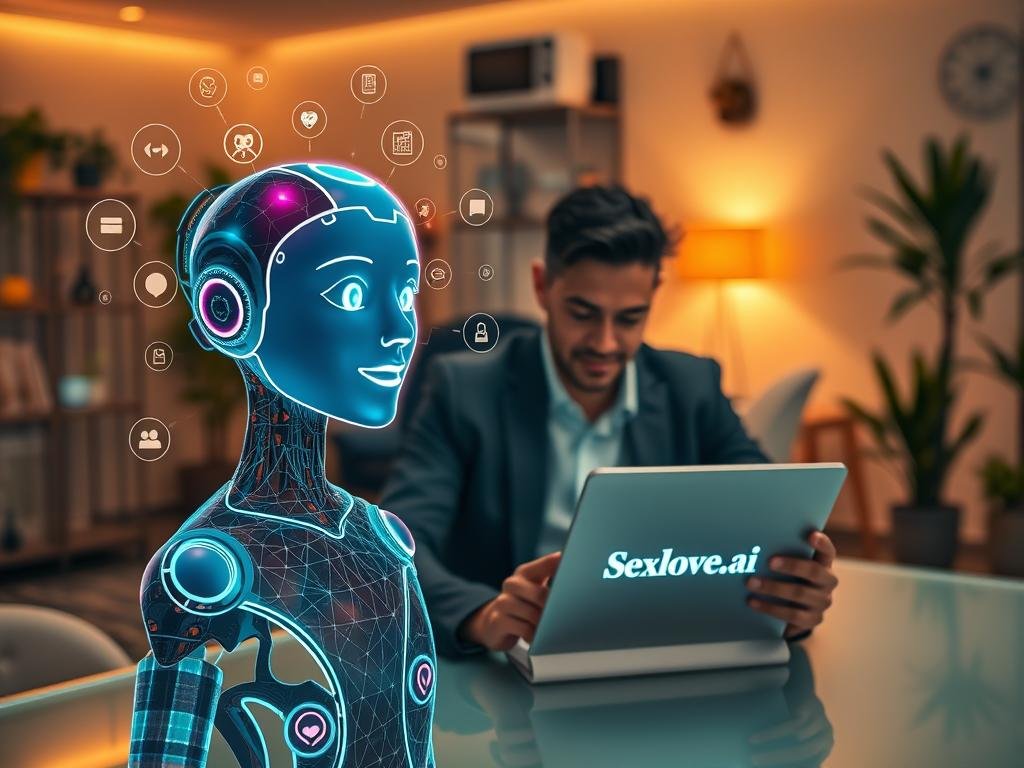 A futuristic character AI interface displayed prominently in the foreground, showcasing a holographic AI companion with vibrant, glowing elements and a friendly expression. The AI character, gender-neutral with sleek features, is surrounded by an array of digital icons representing communication, emotions, and relationships. In the middle ground, a user is seated at a modern desk, dressed in casual yet professional attire, engaging with a tablet displaying the 'Sexlove.ai' app, their face illuminated by the device's soft glow. In the background, a cozy, tech-savvy room is filled with ambient lighting and futuristic decor, setting a welcoming and innovative mood. The composition should have a warm color palette, with soft focus on the background and slight depth of field, creating an inviting atmosphere that highlights the interaction between humans and AI.