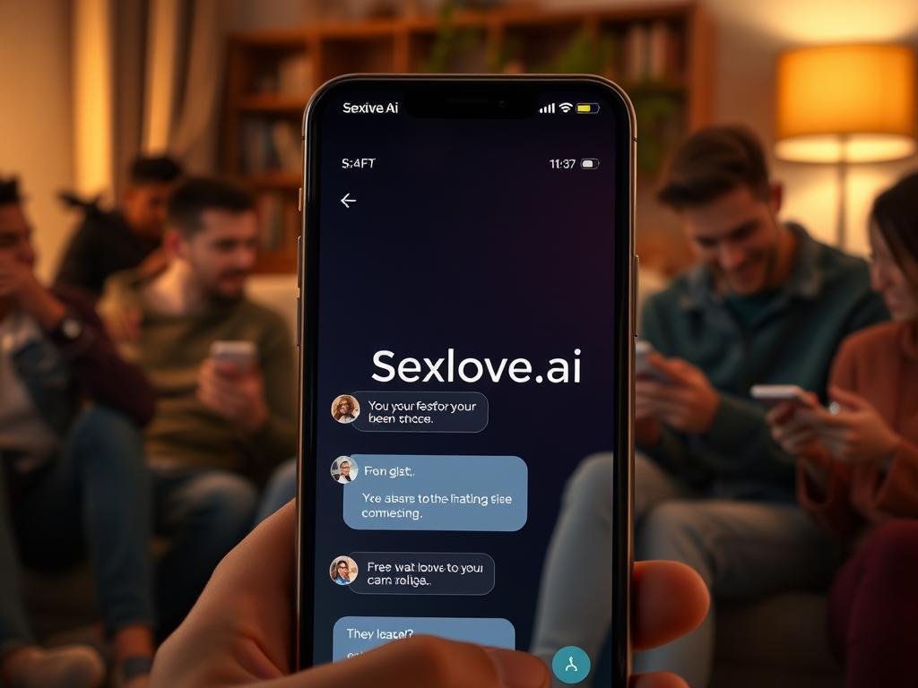 A futuristic conversational AI app interface displayed on a sleek, modern smartphone in the foreground, featuring an inviting and user-friendly design. The middle ground showcases a diverse group of people engaged in conversations with their devices, capturing moments of connection and engagement. In the background, a cozy living space with soft, ambient lighting creates a warm atmosphere, enhancing the feeling of companionship. Subtle light glows from the devices&rsquo; screens, illuminating facial expressions that convey curiosity and joy. The scene is shot from a slightly elevated angle, using a soft-focus lens to highlight the smartphone and the interaction, evoking a sense of trust and intimacy in technology. Include the brand name "Sexlove.ai" subtly integrated into the app interface.