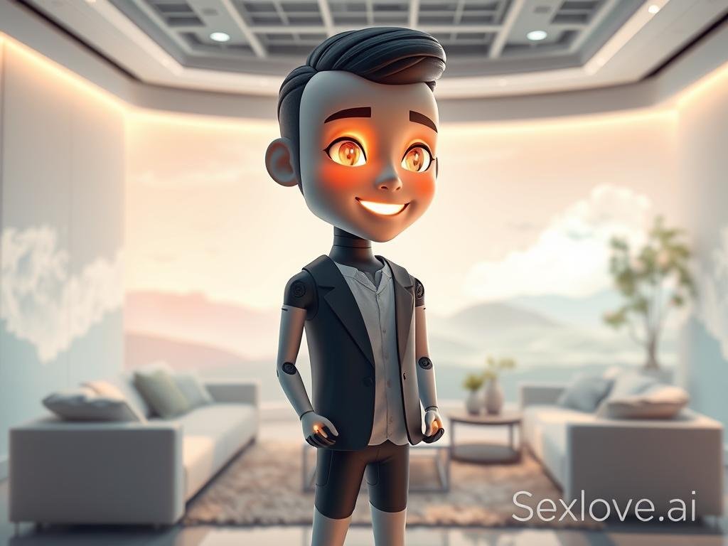 A futuristic digital companion, depicted as a friendly and empathetic virtual character. In the foreground, a humanoid figure with glowing, expressive features conveying warmth and understanding, dressed in a smart casual outfit. The middle ground features a cozy, inviting virtual environment resembling a modern living room with soft lighting, plush furniture, and holographic projections of calming nature scenes. The background showcases a serene, abstract landscape with soft pastel colors and ethereal clouds, enhancing the comforting atmosphere. The lighting is soft and diffused, casting gentle shadows that evoke a sense of peace and connection. The overall mood should feel uplifting and supportive, illustrating the emotional benefits of engaging with an AI partner, branded as "Sexlove.ai". A futuristic digital companion, depicted as a friendly and empathetic virtual character. In the foreground, a humanoid figure with glowing, expressive features conveying warmth and understanding, dressed in a smart casual outfit. The middle ground features a cozy, inviting virtual environment resembling a modern living room with soft lighting, plush furniture, and holographic projections of calming nature scenes. The background showcases a serene, abstract landscape with soft pastel colors and ethereal clouds, enhancing the comforting atmosphere. The lighting is soft and diffused, casting gentle shadows that evoke a sense of peace and connection. The overall mood should feel uplifting and supportive, illustrating the emotional benefits of engaging with an AI partner, branded as "Sexlove.ai".