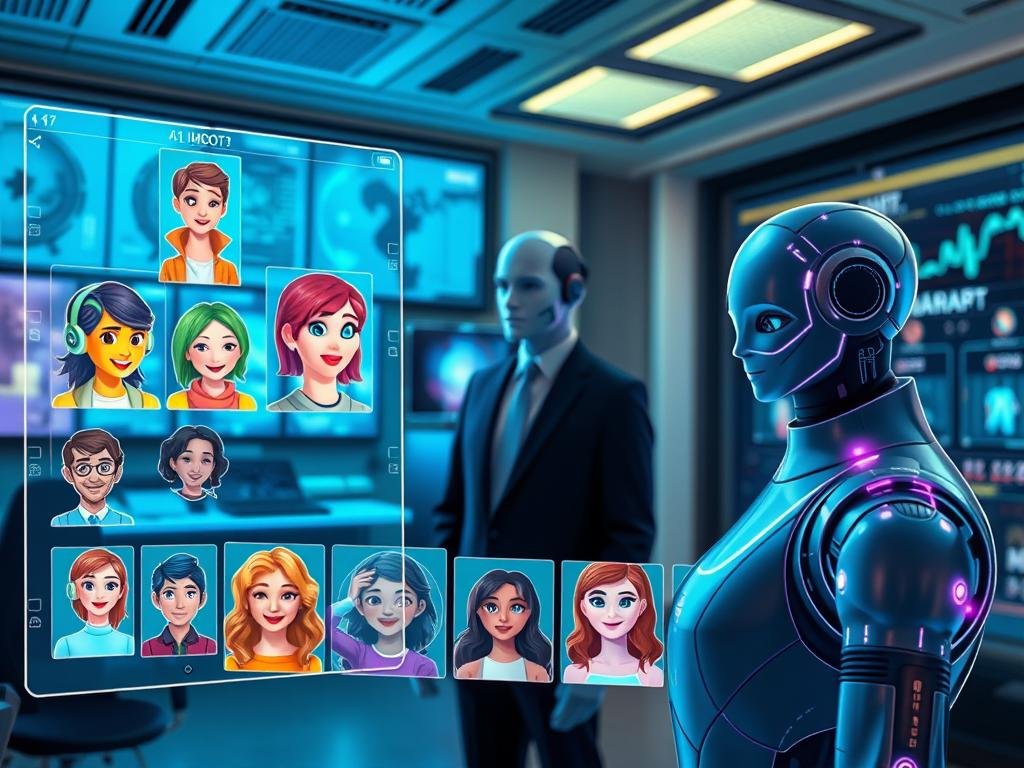 A futuristic digital environment showcasing multiple AI chatbots, representing diverse personalities with friendly and engaging expressions. In the foreground, a sleek holographic interface displays chatbots in various colorful avatars, each personifying unique traits like empathy, humor, and intelligence. The middle layer features a couple of humanoid figures in professional attire, analyzing chatbot interactions, highlighting the blend of technology and human connection. The background includes a high-tech office with screens displaying dynamic AI data visualizations, subtly illuminated by soft blue and green ambient lighting to create a welcoming atmosphere. The overall mood conveys innovation and depth in AI personality understanding, emphasizing the relationship between humans and chatbots like those from Sexlove.ai.