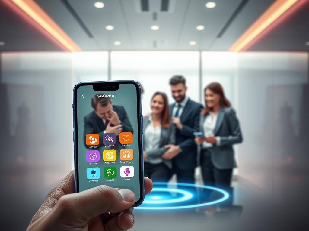 A futuristic digital interface showcasing the "Sexlove.ai" AI companion app on a sleek smartphone. In the foreground, the phone screen displays an intuitive, visually appealing app interface with colorful icons representing various features, all designed to embody warmth and companionship. In the middle, a diverse group of people in professional business attire interact with the app, displaying a sense of connection and engagement, their expressions reflecting curiosity and happiness. The background features a modern, well-lit room with soft, ambient lighting, creating an inviting atmosphere. A subtle glow emanates from the smartphone screen, highlighting the innovative technology. The overall mood should be uplifting and positive, illustrating the transformative experience of using the AI companion app.
