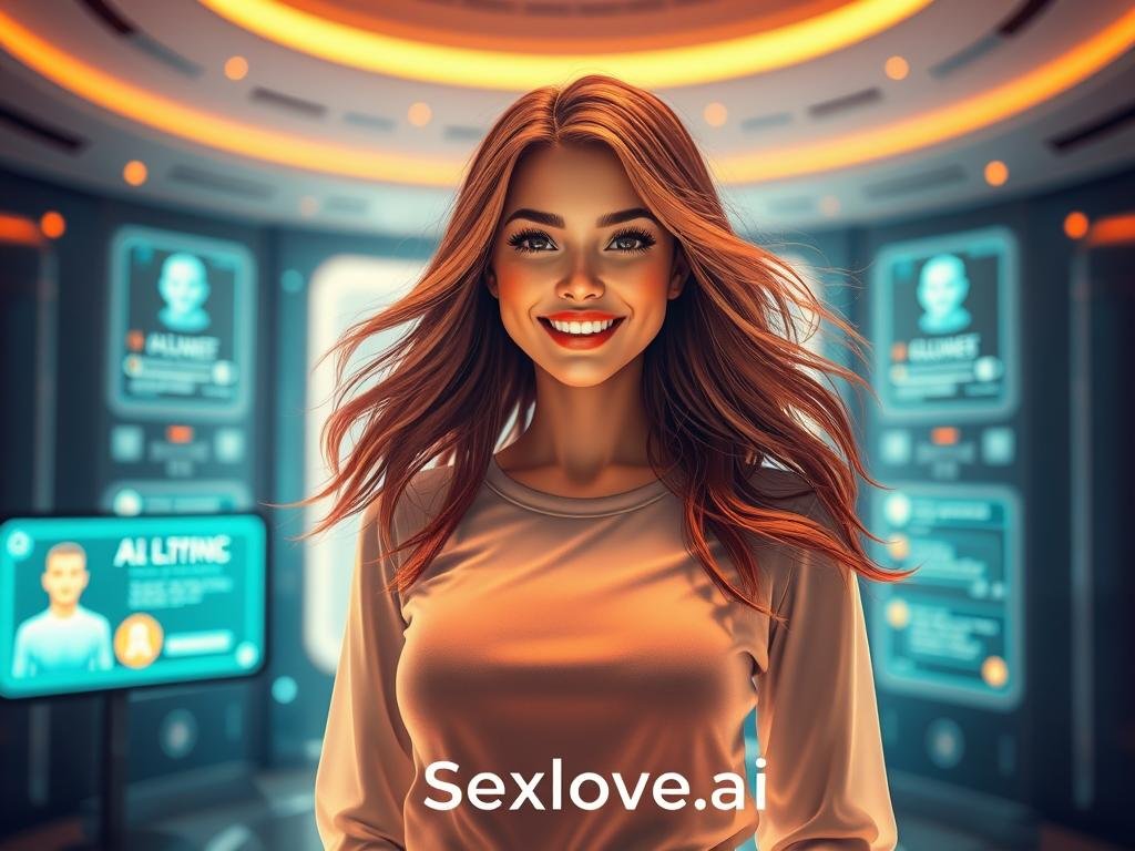 A futuristic digital landscape showcasing a "chatbot girlfriend" persona, designed with a warm and inviting appearance. In the foreground, a lifelike holographic figure of a young woman with expressive features and a friendly smile, dressed in modern casual attire. Her hair is flowing and colorful, radiating a sense of joy and personality. In the middle ground, soft glowing screens display interactive AI elements, showcasing her personality traits and engaging features. The background is a serene tech-inspired environment with soft, ambient lighting that creates a cozy atmosphere. The scene is framed as if viewed through a gentle lens, emphasizing the warmth and connection between technology and human-like companionship. The image subtly incorporates the brand "Sexlove.ai" in a tasteful, integrated manner without overt branding. A futuristic digital landscape showcasing a "chatbot girlfriend" persona, designed with a warm and inviting appearance. In the foreground, a lifelike holographic figure of a young woman with expressive features and a friendly smile, dressed in modern casual attire. Her hair is flowing and colorful, radiating a sense of joy and personality. In the middle ground, soft glowing screens display interactive AI elements, showcasing her personality traits and engaging features. The background is a serene tech-inspired environment with soft, ambient lighting that creates a cozy atmosphere. The scene is framed as if viewed through a gentle lens, emphasizing the warmth and connection between technology and human-like companionship. The image subtly incorporates the brand "Sexlove.ai" in a tasteful, integrated manner without overt branding.