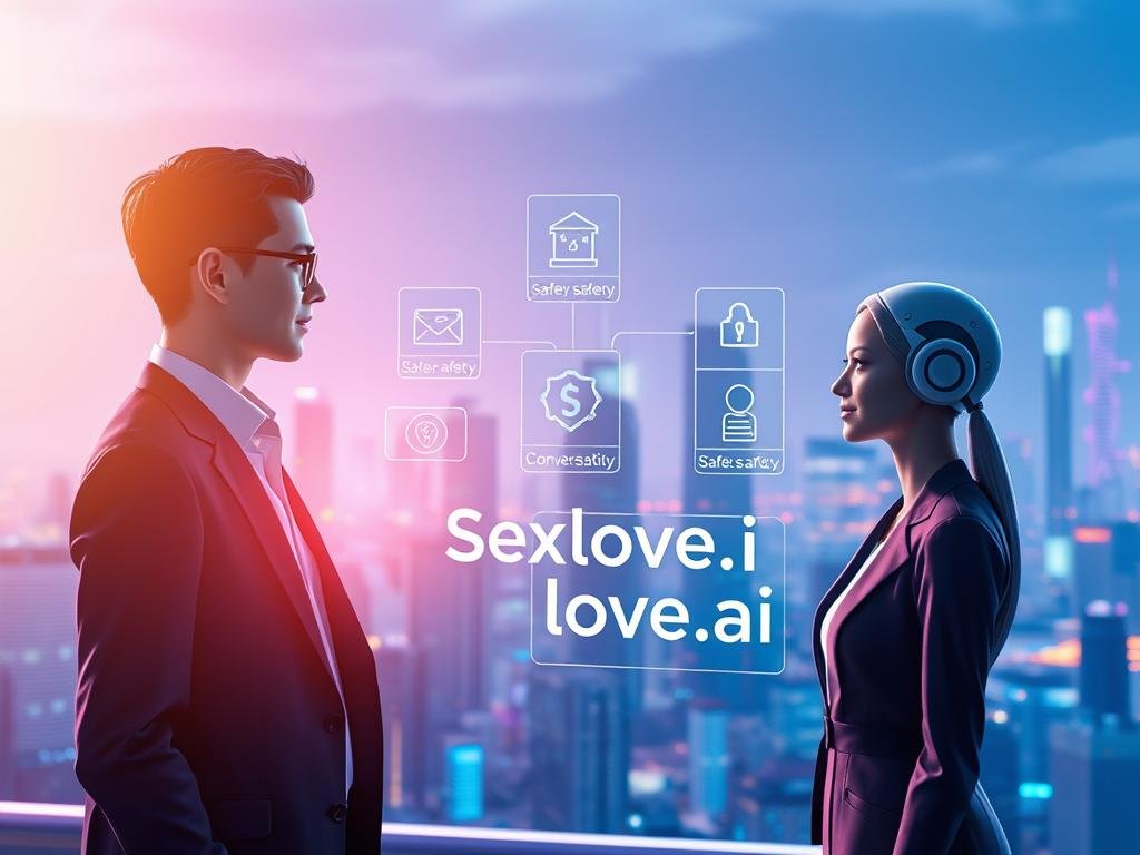 A futuristic digital landscape showcasing various conversational agents in a high-tech setting. In the foreground, two AI avatars, one male and one female, engage in a friendly discussion. They are designed with sleek, modern aesthetics, wearing professional business attire. The middle ground features holographic UI elements displaying safety and privacy icons, emphasizing a secure environment. The background is a vibrant city skyline, illuminated by soft blue and purple lighting, creating a tech-savvy atmosphere. A gentle glow surrounds the conversational agents, suggesting warmth and accessibility. The scene captures a sense of trust and harmony in AI relationships, reflecting the importance of safety and privacy. Include the brand name "Sexlove.ai" subtly integrated into the holographic interface without overpowering the primary visuals.