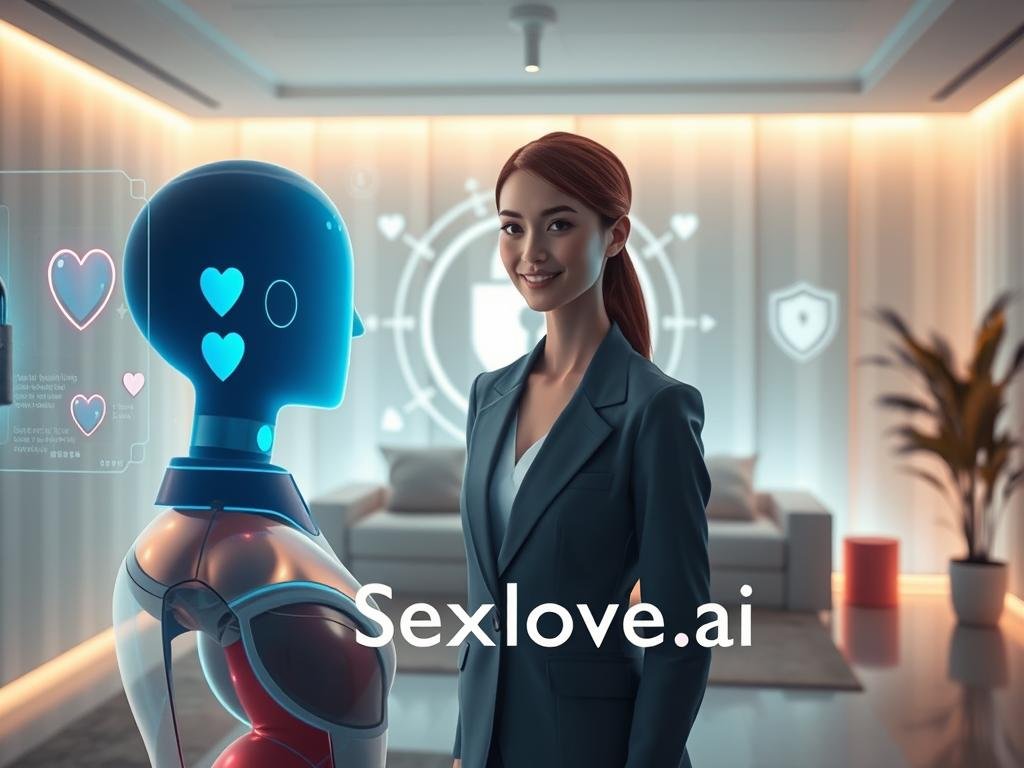 A futuristic digital love companion designed to embody the essence of intimacy and connection. In the foreground, depict a sleek and aesthetically pleasing digital interface with a soft glow emanating from a holographic display that shows heart symbols and calming animations. The companion's avatar, appearing as a friendly and approachable humanoid figure in professional attire, exudes a warm, inviting expression. In the middle, illustrate elements that symbolize privacy and security, such as a digital padlock and shield motifs subtly integrated into the background. The background consists of a serene, modern room setting with soft, ambient lighting giving a sense of comfort and safety. The atmosphere is tranquil and reassuring, reflecting the theme of reliability in personal connection. Emphasize a visually harmonious balance with a focus on technology and emotional warmth, incorporating the brand name "Sexlove.ai". A futuristic digital love companion designed to embody the essence of intimacy and connection. In the foreground, depict a sleek and aesthetically pleasing digital interface with a soft glow emanating from a holographic display that shows heart symbols and calming animations. The companion's avatar, appearing as a friendly and approachable humanoid figure in professional attire, exudes a warm, inviting expression. In the middle, illustrate elements that symbolize privacy and security, such as a digital padlock and shield motifs subtly integrated into the background. The background consists of a serene, modern room setting with soft, ambient lighting giving a sense of comfort and safety. The atmosphere is tranquil and reassuring, reflecting the theme of reliability in personal connection. Emphasize a visually harmonious balance with a focus on technology and emotional warmth, incorporating the brand name "Sexlove.ai".