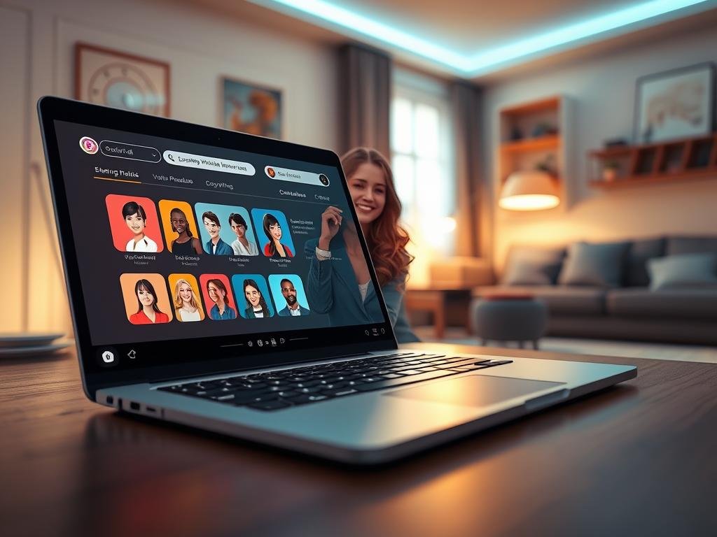 A futuristic digital scene depicting a user interface for downloading a virtual girlfriend application from the brand "Sexlove.ai". In the foreground, a sleek, modern laptop is open, displaying an intuitive app interface filled with vibrant graphics representing AI personality features, such as customizable avatars. The middle ground features a friendly and approachable virtual girlfriend character portrayed in professional business attire, smiling and engaging with the user. The background shows a cozy home setting, softly illuminated with warm lighting, creating an inviting atmosphere. Use a wide-angle lens effect to capture the entirety of the scene with depth, ensuring a realistic and immersive feel. The mood should be upbeat and optimistic, illustrating the ease of accessing AI technology for enhancing companionship. A futuristic digital scene depicting a user interface for downloading a virtual girlfriend application from the brand "Sexlove.ai". In the foreground, a sleek, modern laptop is open, displaying an intuitive app interface filled with vibrant graphics representing AI personality features, such as customizable avatars. The middle ground features a friendly and approachable virtual girlfriend character portrayed in professional business attire, smiling and engaging with the user. The background shows a cozy home setting, softly illuminated with warm lighting, creating an inviting atmosphere. Use a wide-angle lens effect to capture the entirety of the scene with depth, ensuring a realistic and immersive feel. The mood should be upbeat and optimistic, illustrating the ease of accessing AI technology for enhancing companionship.