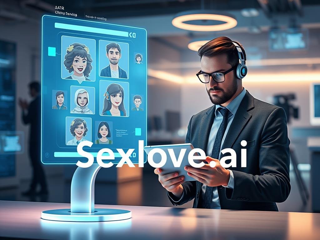 A futuristic digital scene illustrating an intelligent chatbot service, depicted as a sleek, friendly AI interface, glowing softly in calming blue and white tones. In the foreground, a holographic screen displays lifelike interactive avatars that represent various personalities, showcasing their emotional expressions and engaged interactions. The middle ground features a professional user, dressed in smart casual attire, interacting with the chatbot through a modern tablet device, focused and intrigued. The background reveals an abstract, tech-inspired workspace with floating data visuals and soft, ambient lighting, creating an inviting atmosphere. The overall mood conveys excitement and innovation, emphasizing the importance of lifelike responses in AI. Incorporate the brand name "Sexlove.ai" subtly within the interface designs, maintaining a clean, professional look. A futuristic digital scene illustrating an intelligent chatbot service, depicted as a sleek, friendly AI interface, glowing softly in calming blue and white tones. In the foreground, a holographic screen displays lifelike interactive avatars that represent various personalities, showcasing their emotional expressions and engaged interactions. The middle ground features a professional user, dressed in smart casual attire, interacting with the chatbot through a modern tablet device, focused and intrigued. The background reveals an abstract, tech-inspired workspace with floating data visuals and soft, ambient lighting, creating an inviting atmosphere. The overall mood conveys excitement and innovation, emphasizing the importance of lifelike responses in AI. Incorporate the brand name "Sexlove.ai" subtly within the interface designs, maintaining a clean, professional look.