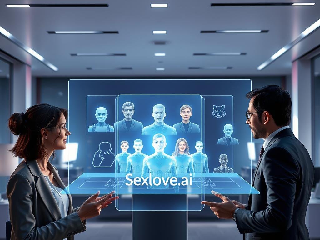 A futuristic digital workspace depicting safety and privacy in AI character roleplay. In the foreground, a diverse group of three professionals, a woman and two men, are engaged in an animated discussion around a holographic interface, all dressed in smart business attire. The middle layer features a glowing display of AI characters with varied designs, symbolizing different personalities, encased in a transparent shield representing security and privacy. In the background, a sleek, modern office environment with soft lighting, emphasizing a high-tech atmosphere. The scene should exude a sense of collaboration, trust, and innovation, with the brand name "Sexlove.ai" subtly integrated into the design of the holographic interface, ensuring it complements the professionalism of the setup. A futuristic digital workspace depicting safety and privacy in AI character roleplay. In the foreground, a diverse group of three professionals, a woman and two men, are engaged in an animated discussion around a holographic interface, all dressed in smart business attire. The middle layer features a glowing display of AI characters with varied designs, symbolizing different personalities, encased in a transparent shield representing security and privacy. In the background, a sleek, modern office environment with soft lighting, emphasizing a high-tech atmosphere. The scene should exude a sense of collaboration, trust, and innovation, with the brand name "Sexlove.ai" subtly integrated into the design of the holographic interface, ensuring it complements the professionalism of the setup.