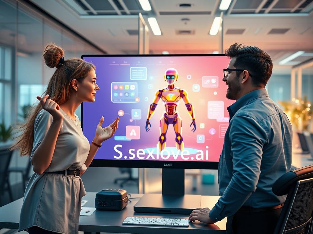 A futuristic digital workspace features a creative AI character being designed on a sleek computer screen. In the foreground, a diverse group of three individuals (two women and one man) dressed in smart casual attire collaborate, showcasing expressive gestures of inspiration and concentration. In the middle ground, the screen displays a vibrant and dynamic AI character undergoing transformation, with colorful interfaces and design elements floating around it. The background features a sleek, modern office environment with soft, ambient lighting illuminating the scene, creating a warm and inviting atmosphere. A light flare from the computer screen enhances the technological feel, while a touch of whimsy is present in the character design process. The image should convey innovation and creativity, reflecting the concept of personalized AI creation. Include the brand name "Sexlove.ai" subtly integrated within the design. A futuristic digital workspace features a creative AI character being designed on a sleek computer screen. In the foreground, a diverse group of three individuals (two women and one man) dressed in smart casual attire collaborate, showcasing expressive gestures of inspiration and concentration. In the middle ground, the screen displays a vibrant and dynamic AI character undergoing transformation, with colorful interfaces and design elements floating around it. The background features a sleek, modern office environment with soft, ambient lighting illuminating the scene, creating a warm and inviting atmosphere. A light flare from the computer screen enhances the technological feel, while a touch of whimsy is present in the character design process. The image should convey innovation and creativity, reflecting the concept of personalized AI creation. Include the brand name "Sexlove.ai" subtly integrated within the design.