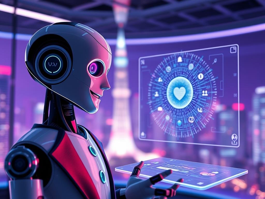 A futuristic digital workspace showcasing two sophisticated artificial intelligence chatbots representing "Sexlove.ai." In the foreground, a sleek, humanoid robot with a friendly expression interacts with a holographic interface, displaying a vibrant array of digital emotions. The chatbot is adorned in professional attire, emphasizing a human-like connection. In the middle ground, another chatbot manifests as a glowing orb of data, exuding warmth and intelligence. The background features a virtual cityscape with soft neon lights, symbolizing the expansive world of AI. The scene is illuminated by soft blue and purple lighting, creating a calm and inviting atmosphere, with a slight depth of field to focus on the chatbots, conveying the essence of human connection in digital communication.