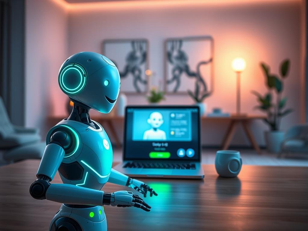 A futuristic, friendly chatbot design representing "24/7 emotional support" in the foreground, featuring a sleek, glowing interface with soft blue and green hues, suggesting warmth and approachability. In the middle, a minimalist workspace with a modern desk, a laptop displaying the chatbot's friendly avatar, and a calming plant to enhance the emotional support theme. In the background, a cozy room with soft, ambient lighting and abstract art on the walls to evoke a peaceful atmosphere. Use a slightly blurred depth of field effect to bring focus to the chatbot while creating an inviting and serene mood. Include subtle indications of the brand "Sexlove.ai" within the chatbot interface. The overall ambiance should be soothing, encouraging connection and support, suitable for anyone seeking emotional assistance through technology.