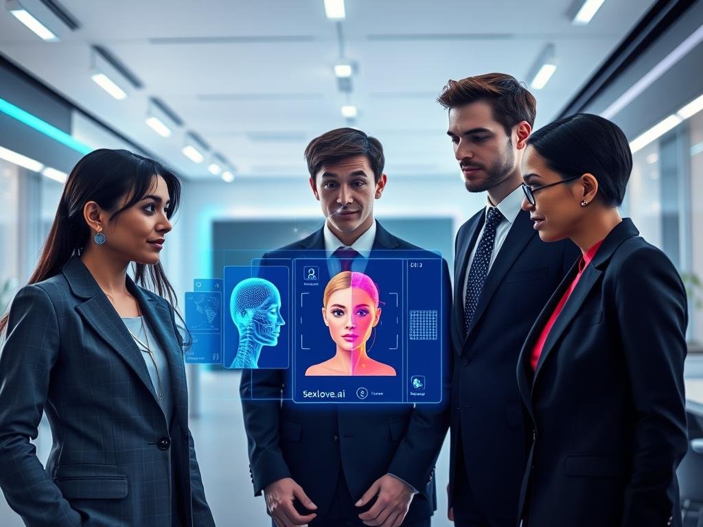 A futuristic, high-tech setting showcasing emotional recognition technology in action. In the foreground, a diverse group of three professionals, dressed in smart business attire, are engaging with advanced emotion-sensing AI devices. The middle features holographic displays showing facial recognition patterns and empathy analytics in vibrant colors, illustrating interactions with virtual avatars, like "Sexlove.ai." The background reveals a sleek, modern office with soft blue and white lighting, creating a calm and inviting atmosphere. The camera angle is slightly elevated, capturing the group's expressions of curiosity and intrigue. A subtle, glowing data stream flows through the air, symbolizing the connection between human emotions and AI technology, all presented in a safe and professional manner.