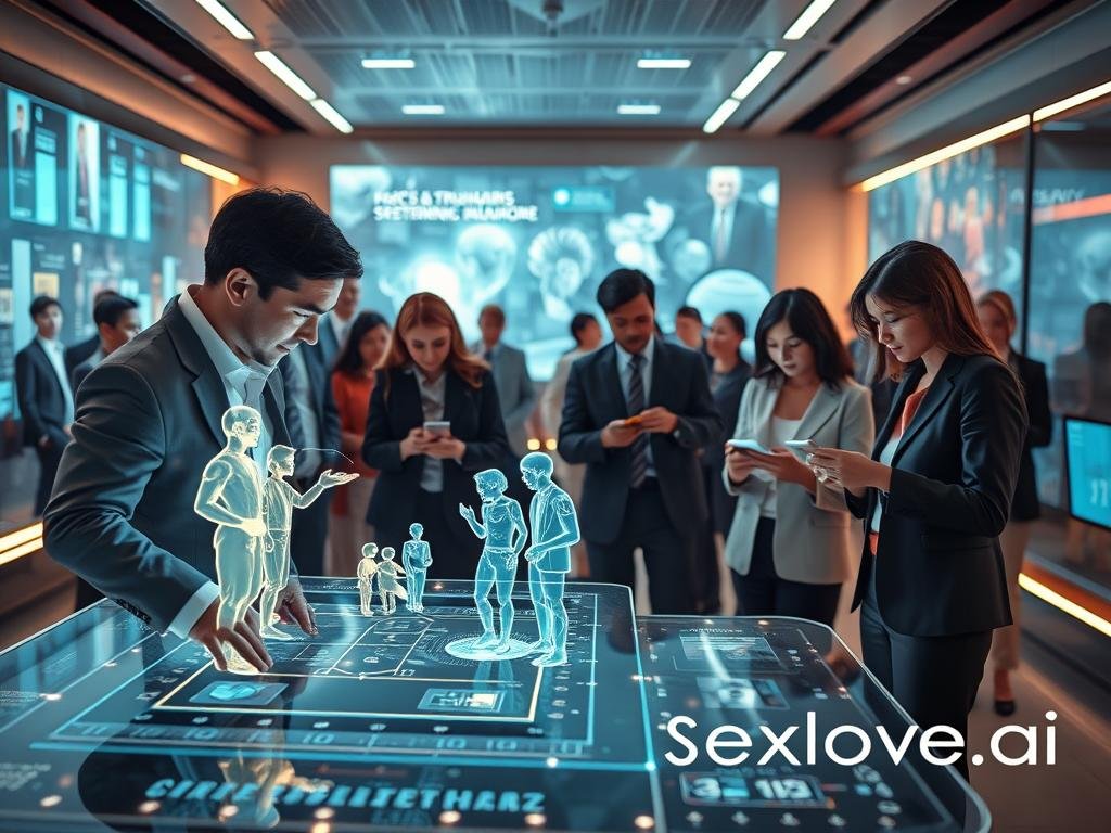 A futuristic, inviting AI storytelling simulation scene featuring an advanced, interactive digital interface in the foreground with holographic characters engaging in a narrative. The middle ground showcases a diverse group of people, dressed in professional business attire, interacting with various digital devices, immersed in the storytelling experience, with expressions of wonder and curiosity. The background presents a sleek, high-tech environment, with glowing screens and vibrant visualizations of stories being generated. Soft, ambient lighting enhances the sense of innovation and creativity, while a warm color palette gives the image a welcoming feel. The overall mood should evoke a sense of exploration and depth in the world of AI storytelling, highlighting creativity and connection. Brand name "Sexlove.ai" subtly integrated into the design elements without being overt. A futuristic, inviting AI storytelling simulation scene featuring an advanced, interactive digital interface in the foreground with holographic characters engaging in a narrative. The middle ground showcases a diverse group of people, dressed in professional business attire, interacting with various digital devices, immersed in the storytelling experience, with expressions of wonder and curiosity. The background presents a sleek, high-tech environment, with glowing screens and vibrant visualizations of stories being generated. Soft, ambient lighting enhances the sense of innovation and creativity, while a warm color palette gives the image a welcoming feel. The overall mood should evoke a sense of exploration and depth in the world of AI storytelling, highlighting creativity and connection. Brand name "Sexlove.ai" subtly integrated into the design elements without being overt.