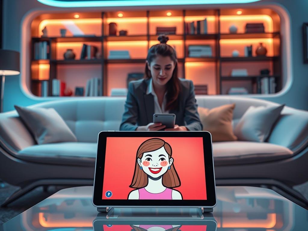 A futuristic living room setting, featuring a sleek, modern sofa and a stylish coffee table, creating a cozy ambiance. In the foreground, an AI girlfriend simulator displayed on a tablet, its screen glowing softly, showcasing a friendly virtual character with a welcoming smile, designed with colorful graphics. The middle layer includes a person casually dressed in smart attire, engaged with the tablet, their expression reflecting curiosity and engagement. In the background, a softly illuminated bookshelf filled with tech books and decorative items, enhancing the atmosphere. Utilize warm lighting to give a comforting feel, capturing the essence of companionship. The overall mood is inviting and technological, emphasizing the innovative experience of "Sexlove.ai" as an AI companion.