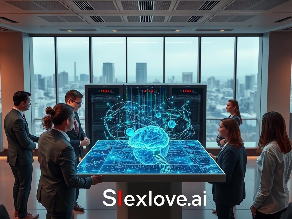 A futuristic office environment showcasing the technical architecture behind conversational AI solutions. In the foreground, a diverse team of professionals in business attire collaborate around a sleek holographic interface displaying complex data visualizations of AI algorithms and neural networks. In the middle, advanced servers and hardware interconnected with vibrant data streams of green and blue light, symbolizing the flow of information. The background features a large window with a city skyline, reflecting a bright and optimistic future. Soft, ambient lighting enhances the tech-focused atmosphere, capturing the essence of innovation and collaboration. The image should exude a sense of professionalism and cutting-edge technology, emphasizing the integration of AI in everyday communication. Branding elements subtly incorporate "Sexlove.ai" without appearing overtly promotional.