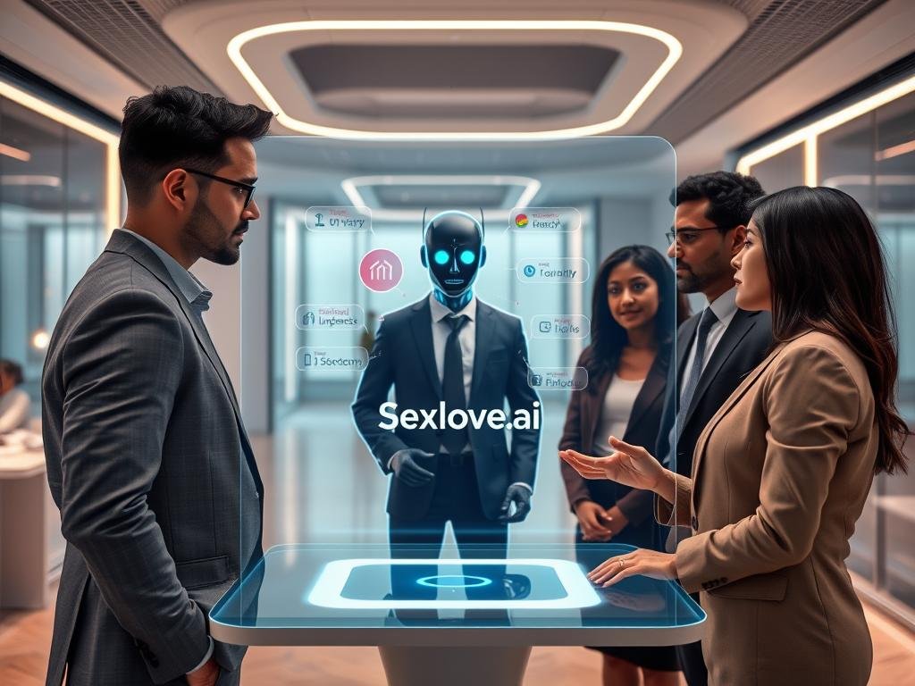 A futuristic office space with a sleek, modern design serves as the background, illuminated by soft, ambient lighting. In the foreground, a diverse group of three professionals in business attire are engaged in a collaborative discussion around a holographic interface displaying a digital chatbot prototype. The chatbot interface creatively features the "Sexlove.ai" branding, symbolizing AI companionship. The middle layer includes vibrant, floating data visualizations of ethical considerations such as trust, privacy, and emotional intelligence, emerging from the hologram. The overall mood is thoughtful and innovative, reflecting a balance between technology and ethics, with a deep focus on the implications of AI in relationships. The camera angle captures the scene from a slightly elevated perspective, enhancing the futuristic atmosphere.