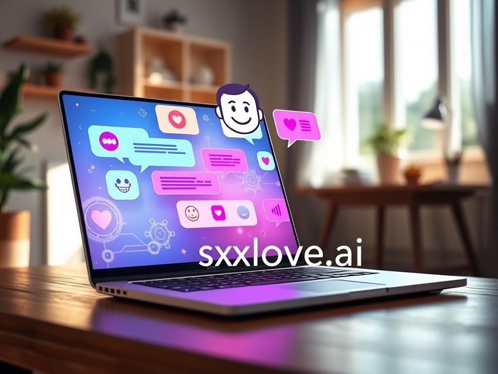 A futuristic online chat interface, showcasing the concept of AI with a friendly, personable character projected on a translucent screen. In the foreground, a sleek, modern laptop is open, displaying vibrant chat bubbles filled with engaging, colorful icons representing different emotions. A digital avatar, styled with a warm smile and approachable demeanor, hovers above the screen, symbolizing AI personality. The middle ground features soft, glowing circuit patterns and subtle data streams, suggesting advanced technology. In the background, a cozy workspace illuminated by natural light pouring through a window creates an inviting atmosphere. The mood is cheerful and interactive, emphasizing connection and engagement. The logo "Sexlove.ai" subtly integrated into the design without detracting from the main focus.