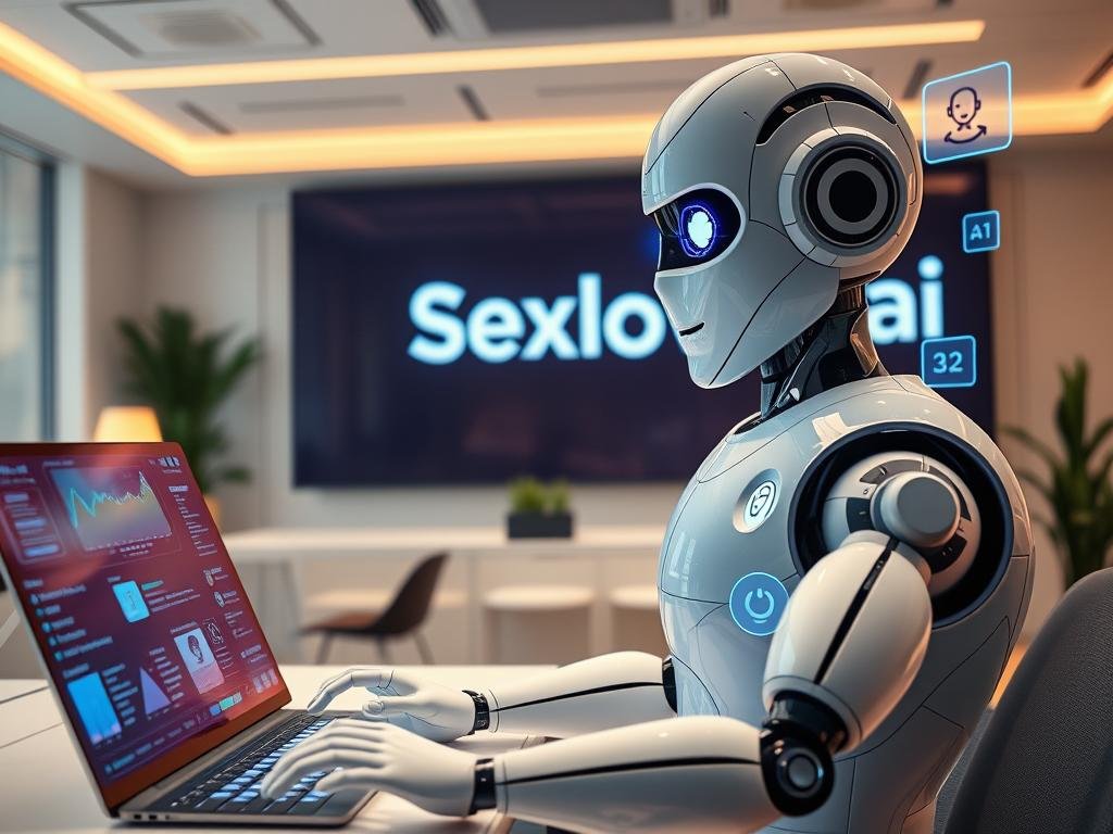 A futuristic representation of an intelligent chatbot service, featuring a sleek, humanoid robot with a friendly expression, seated at a modern workspace. In the foreground, the robot engages with a digital interface, showcasing data visualizations and chat responses. The middle ground displays a cozy office environment with soft, ambient lighting, emphasizing a sense of professionalism and warmth. In the background, a large screen displays the brand name "Sexlove.ai" subtly, surrounded by holographic icons of cheerful conversation bubbles and graphs, symbolizing AI interactions. The scene is captured from a slight angle, enhancing depth, with a focus on soft contrasts and a vibrant yet calm color palette, conveying a mood of innovation and trust in AI companionship. A futuristic representation of an intelligent chatbot service, featuring a sleek, humanoid robot with a friendly expression, seated at a modern workspace. In the foreground, the robot engages with a digital interface, showcasing data visualizations and chat responses. The middle ground displays a cozy office environment with soft, ambient lighting, emphasizing a sense of professionalism and warmth. In the background, a large screen displays the brand name "Sexlove.ai" subtly, surrounded by holographic icons of cheerful conversation bubbles and graphs, symbolizing AI interactions. The scene is captured from a slight angle, enhancing depth, with a focus on soft contrasts and a vibrant yet calm color palette, conveying a mood of innovation and trust in AI companionship.