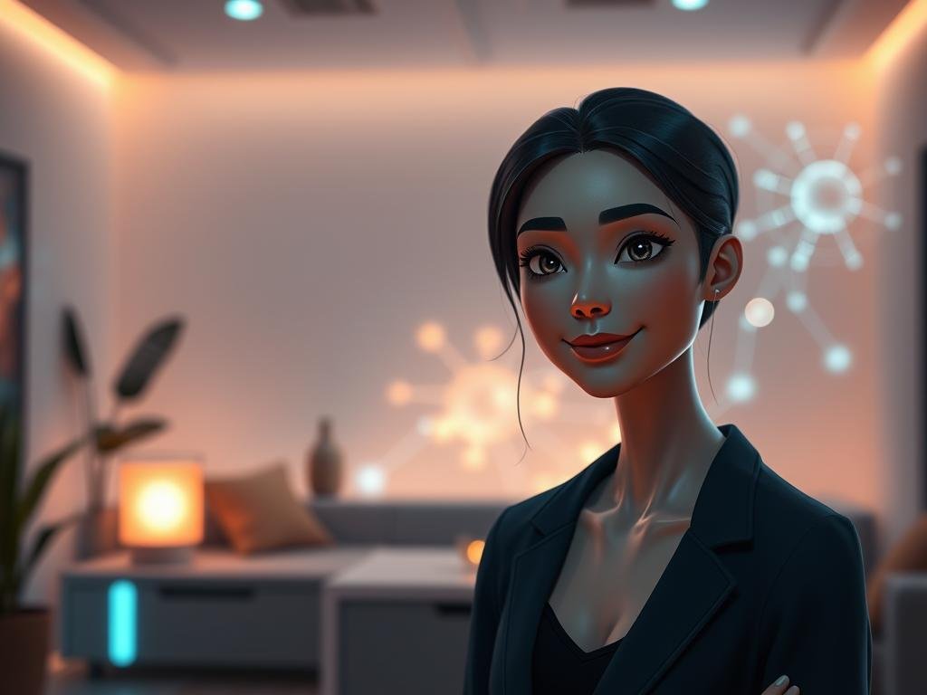 A futuristic romantic partner designed by Sexlove.ai, embodying the essence of artificial intelligence with a warm and inviting expression. In the foreground, a humanoid figure exhibits soft features, exuding emotional intelligence, wearing smart casual attire that blends technology with approachability. In the middle ground, a cozy digital lounge environment with soft, ambient lighting creates an intimate atmosphere, highlighted by glowing holographic elements symbolizing connection and communication. In the background, abstract representations of neural networks and data flow artfully intertwine, hinting at the AI&rsquo;s underlying intelligence. The scene is illuminated by gentle, diffused lights to enhance the warmth of the interaction, evoking feelings of companionship and understanding, while maintaining a professional and modern aesthetic.