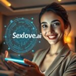 A futuristic scene depicting a personalized AI girlfriend created through an app. In the foreground, a charming young woman with bright, expressive eyes and a friendly smile, dressed in a smart casual outfit, interacts with a holographic device displaying the logo "Sexlove.ai." In the middle, vibrant and intricate digital elements swirl around, suggesting AI algorithms and personalization features, with soft, glowing lights illuminating her face. The background features a sleek, modern living space with subtle tech accents, bathed in warm, inviting lighting that creates a cozy atmosphere. The overall mood is optimistic and innovative, capturing the essence of creating a personalized AI companion that feels approachable and friendly. A slight tilt from a low angle adds depth, emphasizing the interaction between human and technology.