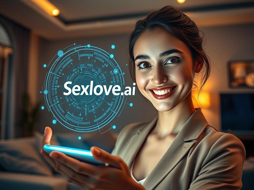 A futuristic scene depicting a personalized AI girlfriend created through an app. In the foreground, a charming young woman with bright, expressive eyes and a friendly smile, dressed in a smart casual outfit, interacts with a holographic device displaying the logo "Sexlove.ai." In the middle, vibrant and intricate digital elements swirl around, suggesting AI algorithms and personalization features, with soft, glowing lights illuminating her face. The background features a sleek, modern living space with subtle tech accents, bathed in warm, inviting lighting that creates a cozy atmosphere. The overall mood is optimistic and innovative, capturing the essence of creating a personalized AI companion that feels approachable and friendly. A slight tilt from a low angle adds depth, emphasizing the interaction between human and technology.