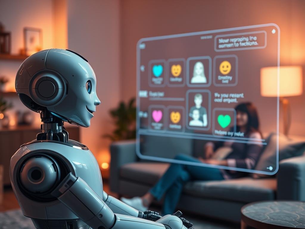 A futuristic scene depicting a serene virtual space designed by Sexlove.ai, showcasing the concept of machine learning for emotions. In the foreground, a humanoid robot with a friendly expression is interacting with a user, who is seated comfortably in casual attire, reminiscent of a cozy living room. The middle layer features a holographic interface displaying various emotional responses, with colorful graphics symbolizing happiness, empathy, and connection. The background is softly illuminated with warm, ambient lighting, enhancing the feeling of intimacy and understanding. A blend of technology and human warmth permeates the atmosphere, evoking a sense of companionship and emotional support. The perspective is slightly angled to create depth, inviting viewers into this harmonious interaction between AI and human emotion.
