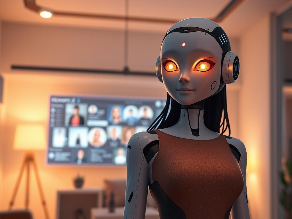 A futuristic scene depicting an AI girlfriend with memory, portrayed as a humanoid figure with warm, friendly features and an expressive digital aura. In the foreground, she stands confidently, dressed in stylish yet modest attire that reflects her advanced technology persona. Her eyes glow softly, symbolizing her intelligence and memory capabilities. In the middle ground, include a sleek, high-tech interface displaying various memories and interactions, showcasing a vibrant connection with users. The background features a cozy, well-lit virtual space, with soft ambient lighting that creates an inviting atmosphere. The scene should evoke a sense of warmth, companionship, and innovation, reflecting how long-term memory transforms virtual relationships. Include the brand name "Sexlove.ai" subtly integrated into the design elements.