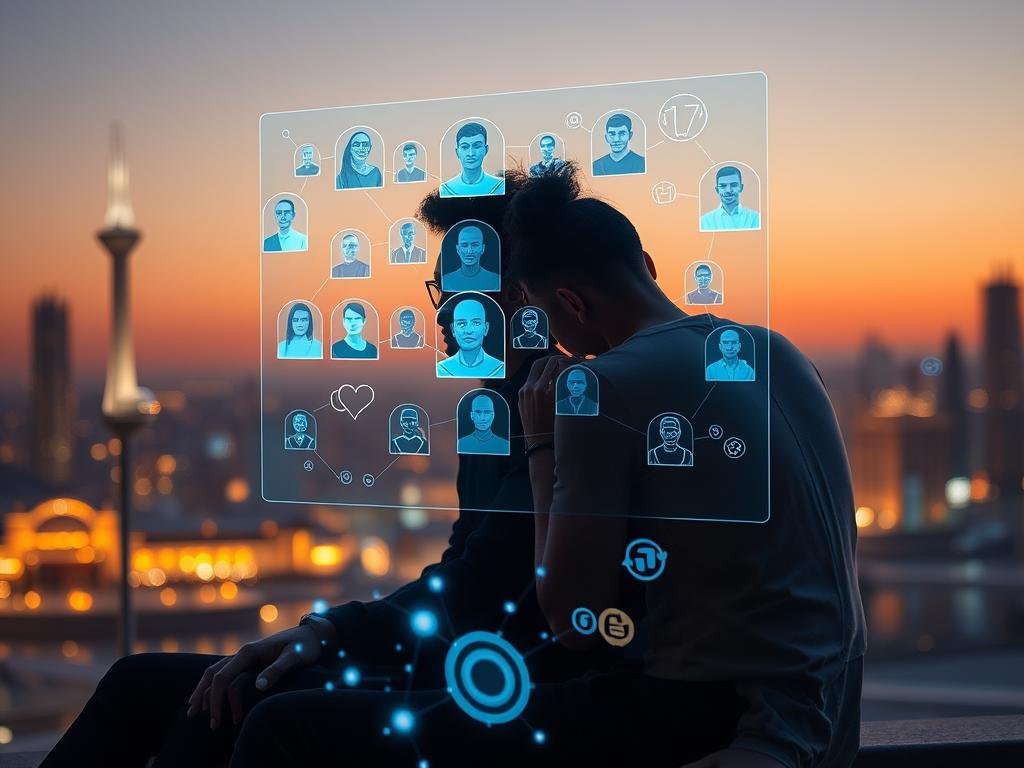 A futuristic scene depicting the harmonious integration of artificial intelligence and machine learning in personal relationships. In the foreground, a diverse couple sits close together, engaged with a holographic interface showcasing various AI avatars, symbolizing their connections. They are dressed in smart casual attire, reflecting a modern relationship where technology enhances companionship. In the middle ground, subtle digital elements like floating data streams and glowing icons suggest the presence of advanced algorithms at work, weaving through their interaction. The background features a serene, utopian cityscape at dusk, with soft, warm lighting and a hint of futuristic architecture. The atmosphere conveys a sense of intimacy and innovation, illustrating the positive impact of technology, inspired by the concept of "Sexlove.ai" in relationships.
