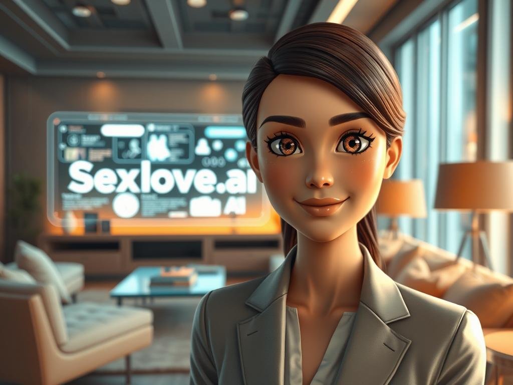 A futuristic scene featuring a friendly, artificial intelligence girlfriend character, designed to exhibit a warm and inviting personality. In the foreground, she has an expressive, relatable face with warm tones and friendly features, dressed in professional business attire. Her eyes sparkle with intellect and charm. In the middle ground, the setting includes a cozy, modern living space with soft lighting, plush furnishings, and a holographic interface displaying informative graphics. In the background, a high-tech aesthetic with light effects that hint at advanced technology merges with a serene atmosphere. The angle is slightly tilted, capturing both the AI character and her environment together, evoking a sense of connection and warmth. The mood should feel futuristic yet approachable, embodying the essence of companionship and intelligence. The brand name "Sexlove.ai" is subtly integrated into the design elements of the interface without overshadowing the main focus. A futuristic scene featuring a friendly, artificial intelligence girlfriend character, designed to exhibit a warm and inviting personality. In the foreground, she has an expressive, relatable face with warm tones and friendly features, dressed in professional business attire. Her eyes sparkle with intellect and charm. In the middle ground, the setting includes a cozy, modern living space with soft lighting, plush furnishings, and a holographic interface displaying informative graphics. In the background, a high-tech aesthetic with light effects that hint at advanced technology merges with a serene atmosphere. The angle is slightly tilted, capturing both the AI character and her environment together, evoking a sense of connection and warmth. The mood should feel futuristic yet approachable, embodying the essence of companionship and intelligence. The brand name "Sexlove.ai" is subtly integrated into the design elements of the interface without overshadowing the main focus.