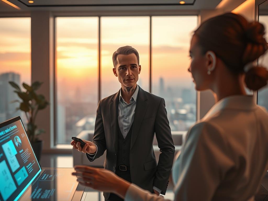 A futuristic scene featuring an intelligent virtual companion in a sleek, modern room. In the foreground, an elegant holographic interface displays engaging information, glowing softly. In the middle ground, a humanoid figure representing the AI companion, dressed in professional attire, interacts with the interface, exuding an aura of intelligence and warmth. The figure has a friendly expression, with expressive eyes that convey empathy. In the background, large windows reveal a cityscape bathed in soft, ambient lighting, suggesting a late afternoon setting. The overall mood is inviting and sophisticated, demonstrating the advanced technology behind "Sexlove.ai" that emphasizes connection and memory. Use a soft-focus lens to create a dreamy, immersive atmosphere that highlights both the human-like qualities of the AI and its luxurious surroundings. A futuristic scene featuring an intelligent virtual companion in a sleek, modern room. In the foreground, an elegant holographic interface displays engaging information, glowing softly. In the middle ground, a humanoid figure representing the AI companion, dressed in professional attire, interacts with the interface, exuding an aura of intelligence and warmth. The figure has a friendly expression, with expressive eyes that convey empathy. In the background, large windows reveal a cityscape bathed in soft, ambient lighting, suggesting a late afternoon setting. The overall mood is inviting and sophisticated, demonstrating the advanced technology behind "Sexlove.ai" that emphasizes connection and memory. Use a soft-focus lens to create a dreamy, immersive atmosphere that highlights both the human-like qualities of the AI and its luxurious surroundings.