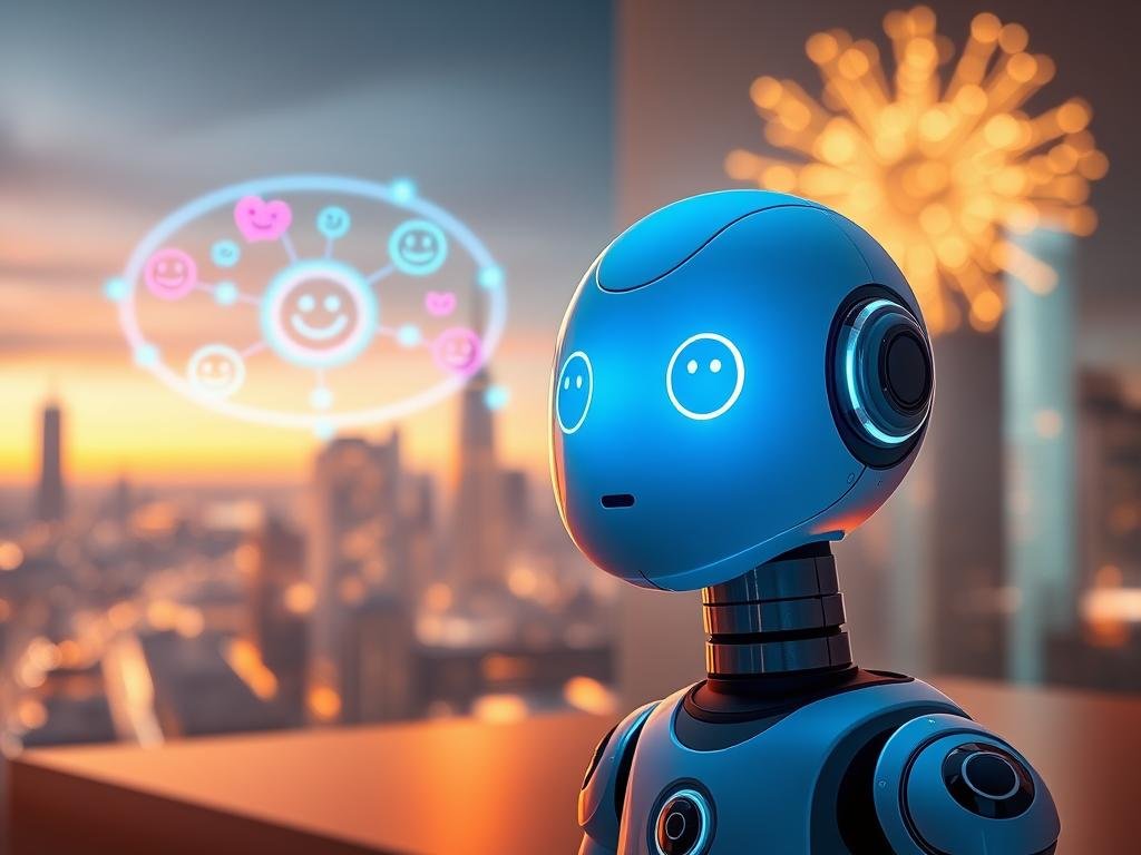 A futuristic sentiment analysis chatbot is depicted at the forefront, resembling a sleek, glowing orb with a soft blue hue, radiating warmth and understanding. In the middle ground, a digital interface showcases vibrant data visualizations of emotions, such as smiling and frowning icons, swirling around the chatbot. In the background, a serene, abstract cityscape transitions from day to night, with twinkling lights that symbolize connections. The scene is illuminated by soft, ambient lighting that highlights the chatbot's features, giving it a friendly and approachable appearance. The atmosphere is warm and inviting, suggesting meaningful interactions. The overall composition conveys the essence of emotional intelligence and connectivity in technology, reflecting the brand "Sexlove.ai".