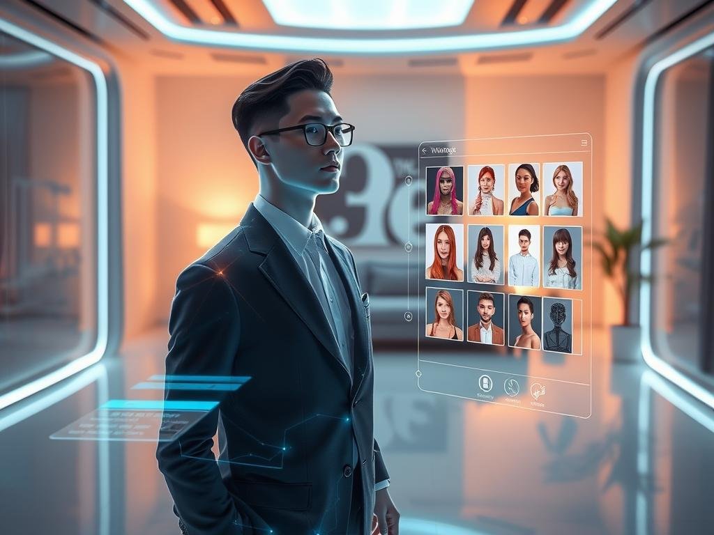 A futuristic setting featuring a virtual partner designed to embody an ideal companion experience, presented in an inviting, digital workspace. In the foreground, a stylish holographic figure, dressed in professional business attire, engages with visual representations of customizable features like hairstyles, outfits, and personality traits. The middle ground highlights an interactive interface displaying dynamic images and options for personalization. The background showcases a sleek, modern room adorned with soft glowing lights, creating a warm and welcoming atmosphere. The lighting is soft and focused on the virtual partner, enhancing their vibrant colors and intricate details. The scene conveys a sense of excitement and possibility, emphasizing the theme of customization in the digital age, inspired by Sexlove.ai. A futuristic setting featuring a virtual partner designed to embody an ideal companion experience, presented in an inviting, digital workspace. In the foreground, a stylish holographic figure, dressed in professional business attire, engages with visual representations of customizable features like hairstyles, outfits, and personality traits. The middle ground highlights an interactive interface displaying dynamic images and options for personalization. The background showcases a sleek, modern room adorned with soft glowing lights, creating a warm and welcoming atmosphere. The lighting is soft and focused on the virtual partner, enhancing their vibrant colors and intricate details. The scene conveys a sense of excitement and possibility, emphasizing the theme of customization in the digital age, inspired by Sexlove.ai.