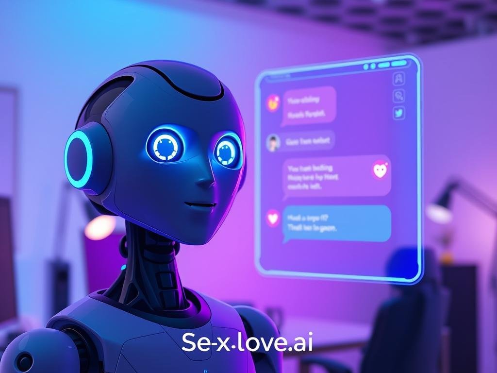 A futuristic, sleek AI chatbot interface vividly illuminated in soft blue and purple tones, set against a minimalist tech-themed background. The foreground features a humanoid robot with expressive LED eyes, embodying a friendly and approachable personality, wearing a modern digital assistant headset. In the middle ground, a glowing holographic interface displays chat interactions, showcasing vibrant emoticons and emotive text bubbles, subtly glowing. The background includes a blurred office setting with high-tech gadgets and soft ambient lighting to create a professional yet inviting atmosphere. The overall mood reflects a blend of innovation and warmth, representing the troubleshooting aspect of AI chatbot systems. The brand name "Sexlove.ai" subtly incorporated into the design elements.