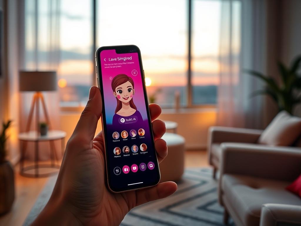 A futuristic smartphone app interface showcasing the "Sexlove.ai" virtual girlfriend app. In the foreground, display a sleek, modern phone held by a hand, with the app's vibrant, interactive interface visible. The app features a friendly, animated AI character on the screen, designed with warm, inviting colors and expressive features, embodying a nurturing and intelligent personality. In the middle, include soft-focus images of a cozy, stylish room where the app is being used, with a soft armchair and ambient lighting to create a welcoming atmosphere. In the background, a window reveals a serene sunset, casting a gentle glow. The scene evokes a sense of warmth, companionship, and modern technology, ideal for getting started with an AI-driven virtual girlfriend experience. A futuristic smartphone app interface showcasing the "Sexlove.ai" virtual girlfriend app. In the foreground, display a sleek, modern phone held by a hand, with the app's vibrant, interactive interface visible. The app features a friendly, animated AI character on the screen, designed with warm, inviting colors and expressive features, embodying a nurturing and intelligent personality. In the middle, include soft-focus images of a cozy, stylish room where the app is being used, with a soft armchair and ambient lighting to create a welcoming atmosphere. In the background, a window reveals a serene sunset, casting a gentle glow. The scene evokes a sense of warmth, companionship, and modern technology, ideal for getting started with an AI-driven virtual girlfriend experience.