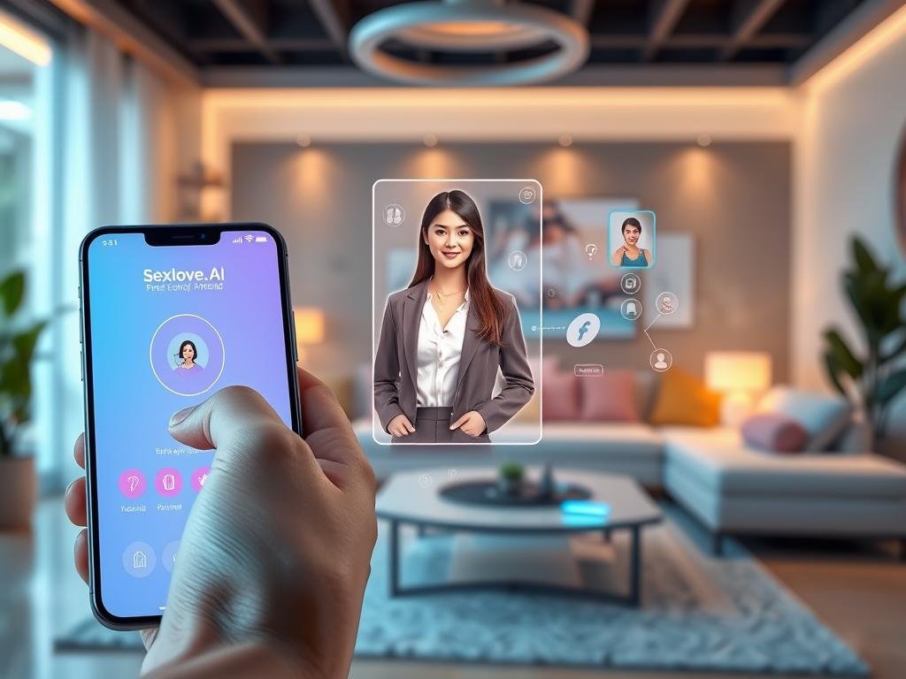 A futuristic smartphone interface showcasing the "Sexlove.ai" app, prominently displayed with sleek design elements and vibrant colors. In the foreground, a hand interacts with the mobile screen, emphasizing its user-friendly features and AI capabilities. In the middle ground, a holographic illustration of an AI girlfriend with a friendly and engaging personality emerges, depicted as a professional young woman in smart casual attire, her expression warm and inviting. The background features a cozy digital environment resembling a modern living room with soft lighting, creating a relaxed and intimate atmosphere. The mood is hopeful and innovative, capturing the essence of AI companionship in a tasteful manner, with a focus on connection and personality without any explicit elements.