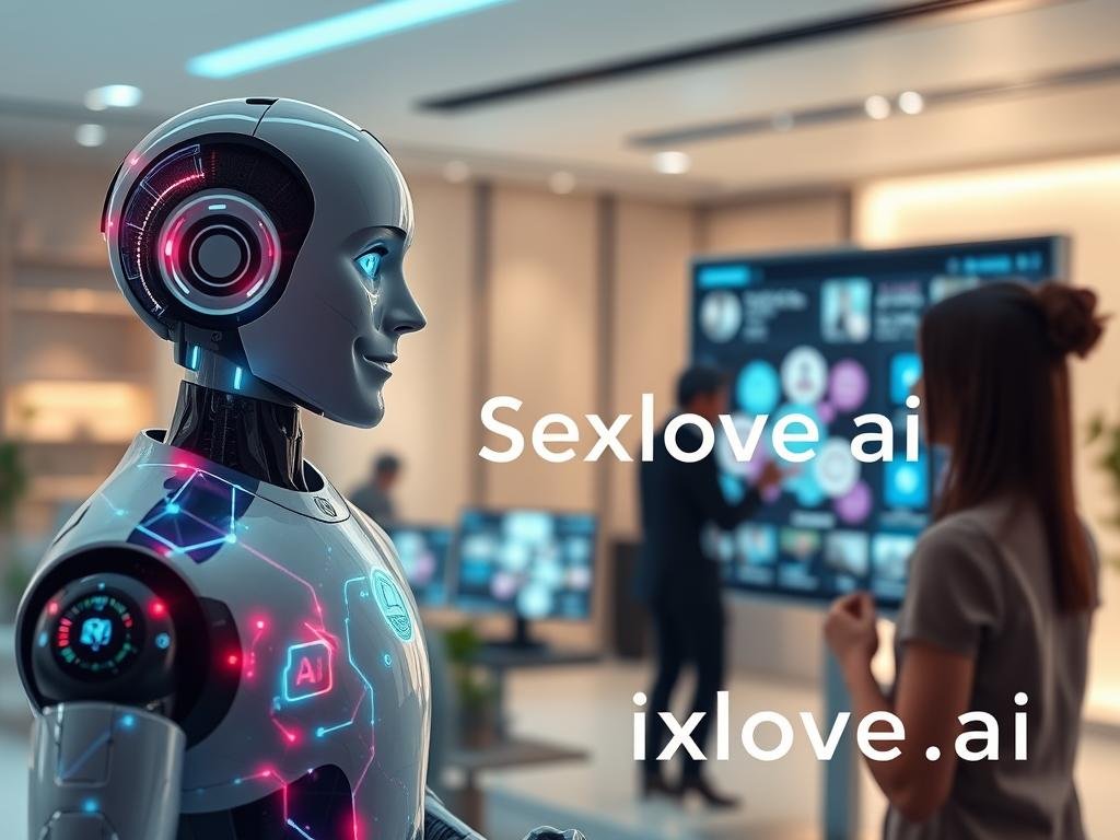 A futuristic, sophisticated conversational AI interface, with a glowing, holographic display showcasing colorful, flowing data streams. In the foreground, a professional-looking humanoid robot with a friendly demeanor interacts with a user in a modern, tech-inspired environment. The middle ground features high-tech devices and screens displaying various AI interactions, symbolizing the evolution of conversational AI technology. The background showcases a sleek, minimalistic office space with soft ambient lighting, creating a warm and inviting atmosphere. The image should evoke a sense of innovation and interactivity, integrating elements of artificial intelligence and daily communication seamlessly. Include the brand name "Sexlove.ai" subtly integrated into the visual design, ensuring it aligns with the overall theme. A futuristic, sophisticated conversational AI interface, with a glowing, holographic display showcasing colorful, flowing data streams. In the foreground, a professional-looking humanoid robot with a friendly demeanor interacts with a user in a modern, tech-inspired environment. The middle ground features high-tech devices and screens displaying various AI interactions, symbolizing the evolution of conversational AI technology. The background showcases a sleek, minimalistic office space with soft ambient lighting, creating a warm and inviting atmosphere. The image should evoke a sense of innovation and interactivity, integrating elements of artificial intelligence and daily communication seamlessly. Include the brand name "Sexlove.ai" subtly integrated into the visual design, ensuring it aligns with the overall theme.