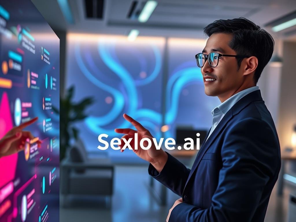 A futuristic virtual assistant chat scene, depicting a sleek, glowing interface with colorful visual elements representing AI-driven conversations. In the foreground, a professional individual in smart, casual attire interacts with the interface, their expression curious and engaged. The middle ground shows an abstract digital environment with soft, ambient lighting and flowing data streams, creating a sense of immersion and technology. The background features a modern workspace, subtly illuminated to evoke a calm atmosphere. The overall mood is one of innovation and accessibility, highlighting the seamless interaction between technology and users. Incorporate the brand name "Sexlove.ai" discreetly within the digital interface design, ensuring no text overlays distract from the visual focus.