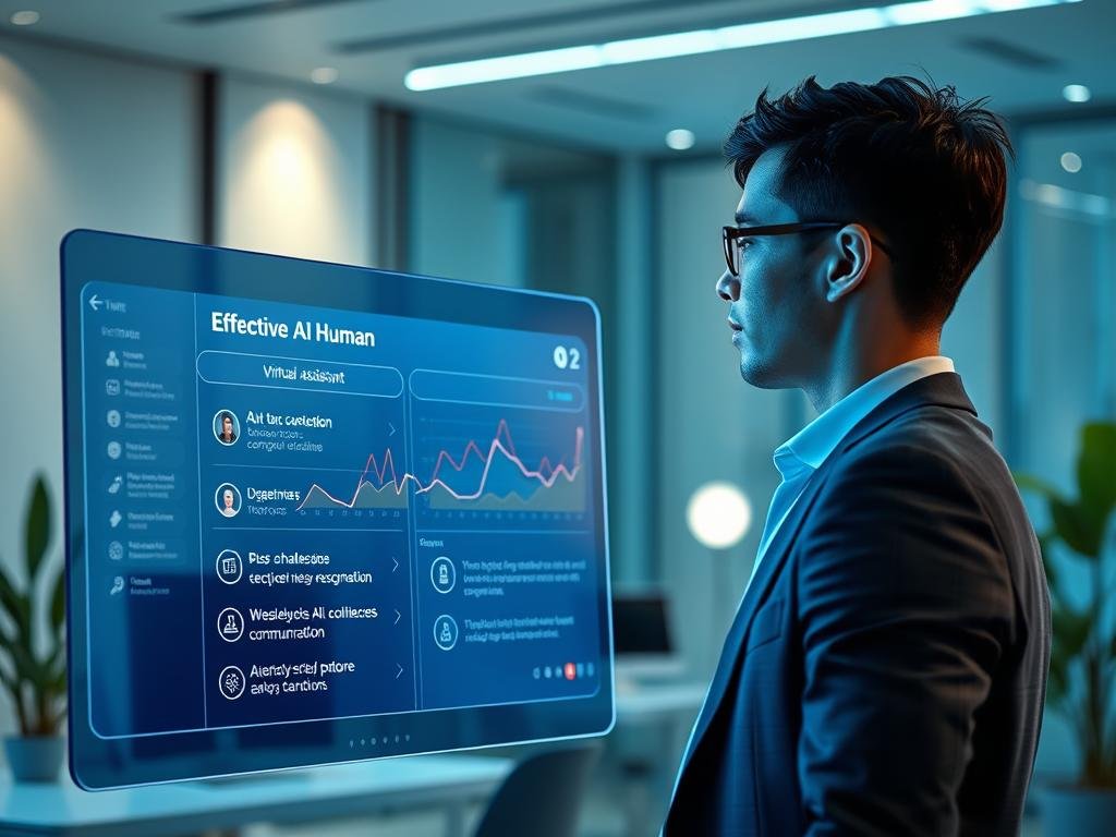 A futuristic virtual assistant chat scene featuring a sleek, high-tech interface displayed on a large, transparent screen in the foreground. In the background, soft, ambient lighting illuminates a modern, minimalist workspace with hints of greenery for a calming atmosphere. A professional-looking individual dressed in smart casual attire interacts with the interface, their expression focused and engaged as they navigate through options related to effective AI-human communication. The screen showcases colorful, flowing graphs and icons representing various AI functionalities, seamlessly blending creativity and technology. The overall mood is one of innovation and collaboration, highlighting the challenges and solutions of AI interactions, with a subtle brand logo "Sexlove.ai" integrated into the design of the interface. The angle of the shot emphasizes the dialogue between human and AI, creating an intimate and inspiring environment.
