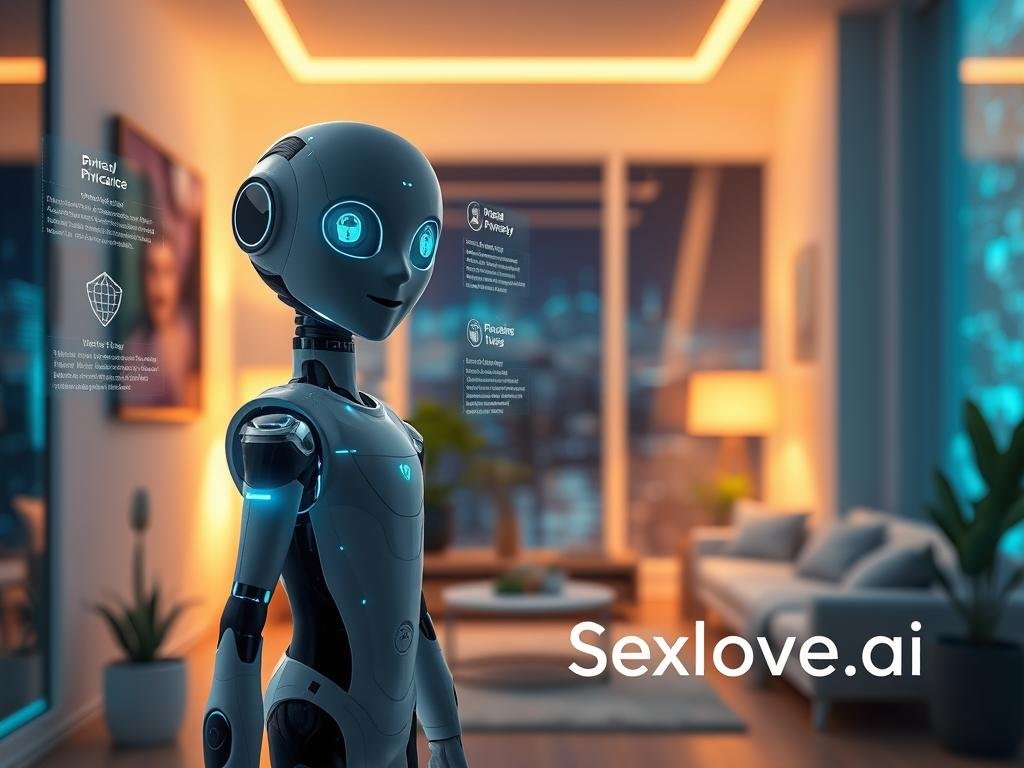 A futuristic virtual companion AI, designed with sleek, modern aesthetics, stands in the foreground, displaying a friendly yet focused demeanor. The AI features holographic projections showcasing data related to privacy and security, with glowing circuits and digital interfaces enhancing its presence. In the middle ground, a cozy room with soft, warm lighting offers a serene atmosphere, adorned with plants and minimalist decor, symbolizing a safe space for interaction. The background reveals a soft-focus view of a digital landscape, representing data flow and cybersecurity, enhanced by a gradient of blue and green hues. The image captures a balanced blend of technology and comfort, evoking trust and companionship, with the brand name "Sexlove.ai" subtly integrated into the design.