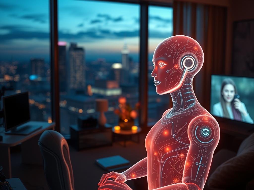 A futuristic virtual companion AI, embodying a sleek holographic design, radiates warmth and intelligence. In the foreground, the AI appears as a luminous figure with flowing digital patterns and soft, glowing features, exuding an inviting demeanor. The middle ground showcases a cozy study environment, with high-tech gadgets and a softly glowing screen displaying interactive emotional prompts. On the background, a panoramic city skyline at dusk with twinkling lights creates a serene and reflective atmosphere. Soft, ambient lighting enhances the intimacy of the setting, capturing the essence of deep, connected conversations. A lens with a slight depth of field focuses on the AI, inviting viewers into a world of modern emotional engagement and understanding. The overall mood is contemplative and uplifting, symbolizing the advanced emotional depth of AI conversations. The image subtly references "Sexlove.ai" in a tasteful manner throughout the visual aesthetics.