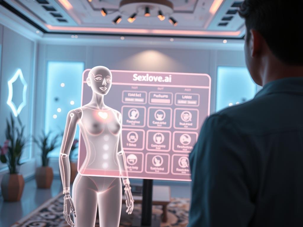 A futuristic virtual girlfriend simulator scene featuring a digital interface displaying an AI companion interacting with a user. In the foreground, a modern, elegant, holographic female figure representing the AI, designed with a friendly, approachable expression, wearing professional, casual attire, and radiating warmth. In the middle, a sleek, glowing screen showing various personality features and customization options of the app "Sexlove.ai". The background showcases a high-tech room with soft, ambient lighting creating a cozy atmosphere, dotted with abstract tech decorations and glowing elements. The camera angle should be slightly elevated, focusing on the interplay of technology and companionship, evoking a sense of connection and innovation. A futuristic virtual girlfriend simulator scene featuring a digital interface displaying an AI companion interacting with a user. In the foreground, a modern, elegant, holographic female figure representing the AI, designed with a friendly, approachable expression, wearing professional, casual attire, and radiating warmth. In the middle, a sleek, glowing screen showing various personality features and customization options of the app "Sexlove.ai". The background showcases a high-tech room with soft, ambient lighting creating a cozy atmosphere, dotted with abstract tech decorations and glowing elements. The camera angle should be slightly elevated, focusing on the interplay of technology and companionship, evoking a sense of connection and innovation.