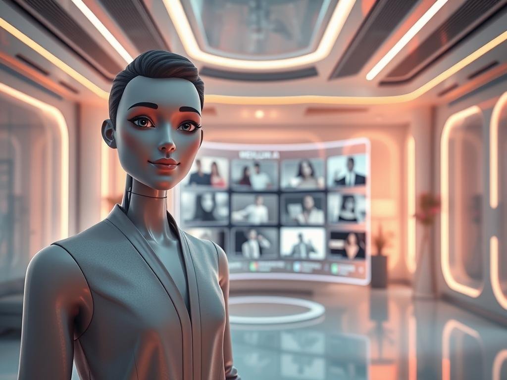 A futuristic virtual workspace featuring a sophisticated AI character designed for roleplay, representing "Sexlove.ai." In the foreground, the AI character is portrayed as a friendly, humanoid figure with smooth, glowing skin and expressive digital features. The character is dressed in elegant, modest attire, suggesting professionalism and approachability. In the middle ground, an interactive holographic interface displays various virtual scenarios and features users can explore. The background features a sleek, modern room with ambient lighting that exudes a warm, inviting atmosphere. The lighting is soft, casting gentle reflections and creating a tech-savvy, imaginative mood. Shot from a slightly elevated angle, this composition highlights the innovative essence of AI character simulations in a captivating digital environment. A futuristic virtual workspace featuring a sophisticated AI character designed for roleplay, representing "Sexlove.ai." In the foreground, the AI character is portrayed as a friendly, humanoid figure with smooth, glowing skin and expressive digital features. The character is dressed in elegant, modest attire, suggesting professionalism and approachability. In the middle ground, an interactive holographic interface displays various virtual scenarios and features users can explore. The background features a sleek, modern room with ambient lighting that exudes a warm, inviting atmosphere. The lighting is soft, casting gentle reflections and creating a tech-savvy, imaginative mood. Shot from a slightly elevated angle, this composition highlights the innovative essence of AI character simulations in a captivating digital environment.