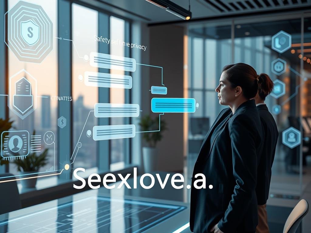 A futuristic workspace showcasing AI chatbot integration, with a sleek touchscreen interface displaying digital chat bubbles. In the foreground, a professional individual in smart business attire is interacting with a holographic representation of an AI chatbot, embodying a sense of collaboration and innovation. The middle ground features a modern office environment, including subtle technological elements like circuit patterns and data streams illuminating the space. The background includes abstract visualizations of safety and privacy, represented by shield icons and data encryption symbols, creating an atmosphere of security. Soft, ambient lighting bathes the scene, accentuating a high-tech vibe, with a panoramic view of a city skyline through large windows. Incorporate the branding "Sexlove.ai" subtly into the design, ensuring it complements the overall aesthetic without overwhelming the visual harmony.