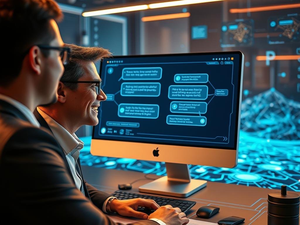 A futuristic workspace showcasing advancements in chatbot technology, focusing on a sleek AI interface on a modern computer screen. In the foreground, a user, dressed in professional business attire, interacts with the AI, smiling as engaging dialogue bubbles visually emerge from the screen, symbolizing real personality and connection. The middle ground features high-tech elements like holographic displays and circuit patterns, subtly glowing with a soft blue light. In the background, a digital landscape with abstract representations of neural networks and data flows creates a sense of depth and innovation. The overall mood is one of inspiration and optimism, with bright, warm lighting enhancing the futuristic atmosphere, all while keeping the scene professional and engaging. Brand: Sexlove.ai.