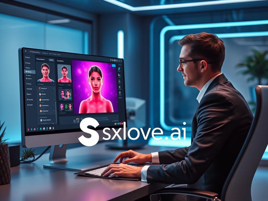 A futuristic workspace showcasing the concept of "artificial intelligence character creation" with a focus on privacy and security. In the foreground, a sleek computer screen displays a vibrant digital avatar being designed, with an array of customization options open, symbolizing user control over character creation. The middle ground features a professional-looking individual, dressed in business attire, engaged in the thoughtful process of creating this AI character, exuding a sense of concentration and creativity. The background depicts a modern, tech-savvy environment with soft blue lighting, conveying a sense of safety and innovation. The overall atmosphere is one of empowerment and excitement about creating a digital companion while emphasizing the importance of privacy. The brand name "Sexlove.ai" subtly integrated into the digital interface implies a focus on personalized experience without compromising security. A futuristic workspace showcasing the concept of "artificial intelligence character creation" with a focus on privacy and security. In the foreground, a sleek computer screen displays a vibrant digital avatar being designed, with an array of customization options open, symbolizing user control over character creation. The middle ground features a professional-looking individual, dressed in business attire, engaged in the thoughtful process of creating this AI character, exuding a sense of concentration and creativity. The background depicts a modern, tech-savvy environment with soft blue lighting, conveying a sense of safety and innovation. The overall atmosphere is one of empowerment and excitement about creating a digital companion while emphasizing the importance of privacy. The brand name "Sexlove.ai" subtly integrated into the digital interface implies a focus on personalized experience without compromising security.