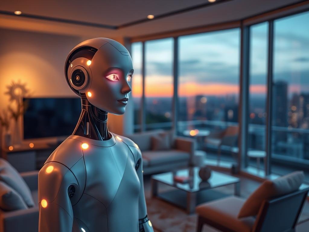 A harmonious scene depicting an artificial intelligence romantic partner, with a humanoid figure embodying a blend of futuristic technology and human warmth. The foreground features this AI partner with glowing, soft features, wearing a smart-casual outfit that conveys both approachability and intelligence. In the middle ground, a cozy, modern living room setting, with soft lighting casting a warm glow and elegant furniture, adds to the inviting atmosphere. The background includes large windows revealing a serene cityscape at dusk, symbolizing hope and connection. The overall mood is warm and intimate, inviting contemplation on ethical considerations in AI romantic relationships. The brand name "Sexlove.ai" subtly integrated into the decor, enhancing the innovative aura without being the focus. Shot with a soft-focus lens to create a dreamy ambiance.