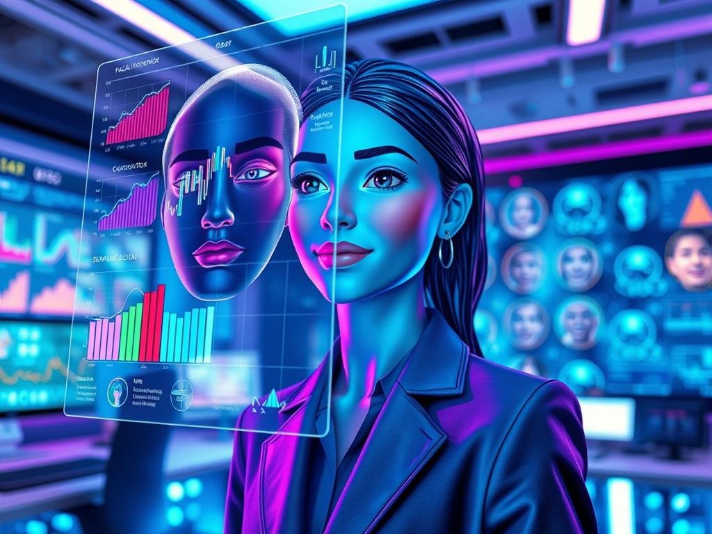 A high-tech scene depicting the concept of machine learning for emotions, focused on a sleek, modern interface of the AI girlfriend app "Sexlove.ai." In the foreground, a holographic display showcases facial recognition and emotion analysis algorithms illustrated with vibrant, colorful graphs and data points. The middle ground features a compassionate, digital assistant figure, gender-neutral and dressed in professional attire, whose expressive face animates various emotions. The background reveals a futuristic workspace filled with glowing screens, abstract digital patterns symbolizing emotional data processing, and soft blue and purple lighting that creates a warm, inviting atmosphere. The camera angle offers a close-up view to emphasize the emotional engagement and innovative technology, capturing the essence of machine learning&rsquo;s role in enhancing emotional understanding within modern applications.