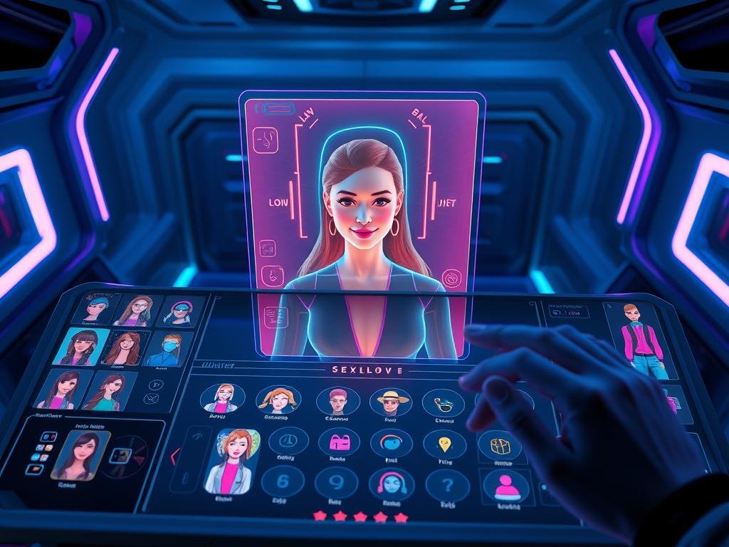 A high-tech virtual character customization interface for the AI girlfriend app "Sexlove.ai". In the foreground, a sleek, futuristic touchscreen displays various customization options, including hairstyles, clothing, and accessories, with vibrant colors highlighting each choice. In the middle, a holographic avatar mirrors these selections, showcasing a fully customizable character with a friendly expression. The background features a soft, ambient sci-fi environment, illuminated by cool blue and purple lights, enhancing the digital aesthetic. An angled top-down perspective captures the interaction between user and interface, evoking a sense of innovation and excitement. The atmosphere is inviting and modern, making it feel like a cutting-edge experience. A high-tech virtual character customization interface for the AI girlfriend app "Sexlove.ai". In the foreground, a sleek, futuristic touchscreen displays various customization options, including hairstyles, clothing, and accessories, with vibrant colors highlighting each choice. In the middle, a holographic avatar mirrors these selections, showcasing a fully customizable character with a friendly expression. The background features a soft, ambient sci-fi environment, illuminated by cool blue and purple lights, enhancing the digital aesthetic. An angled top-down perspective captures the interaction between user and interface, evoking a sense of innovation and excitement. The atmosphere is inviting and modern, making it feel like a cutting-edge experience.