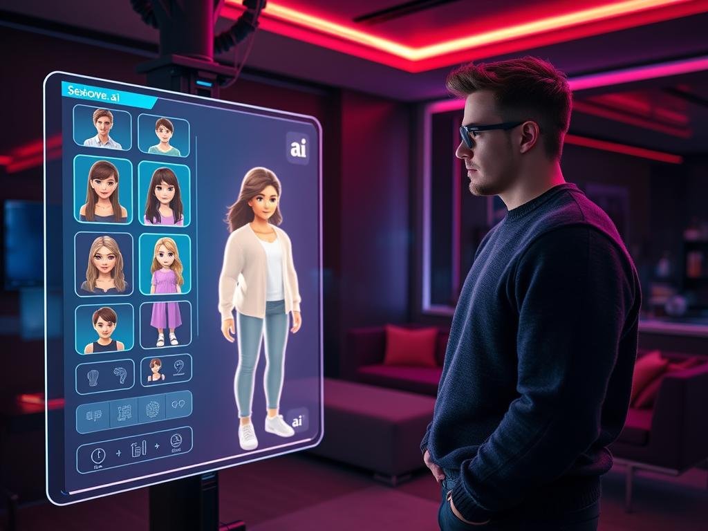 A high-tech virtual environment showcasing a personalized avatar being crafted on a sleek digital interface. In the foreground, a user with a focused expression, dressed casually in a smart sweater and jeans, interacts with a vibrant holographic display showing different customization options: hairstyles, outfits, and facial features. The middle ground features the detailed avatar taking shape, glowing softly, representing an ideal virtual partner with a warm and inviting expression. In the background, a sleek modern room with dimmed lighting and a futuristic feel, accented by ambient neon lights, creates a cozy atmosphere. The overall mood is innovative and inspiring, capturing the excitement of bringing to life a unique virtual companion. Include subtle branding of "Sexlove.ai" on the interface seamlessly integrated into the design.